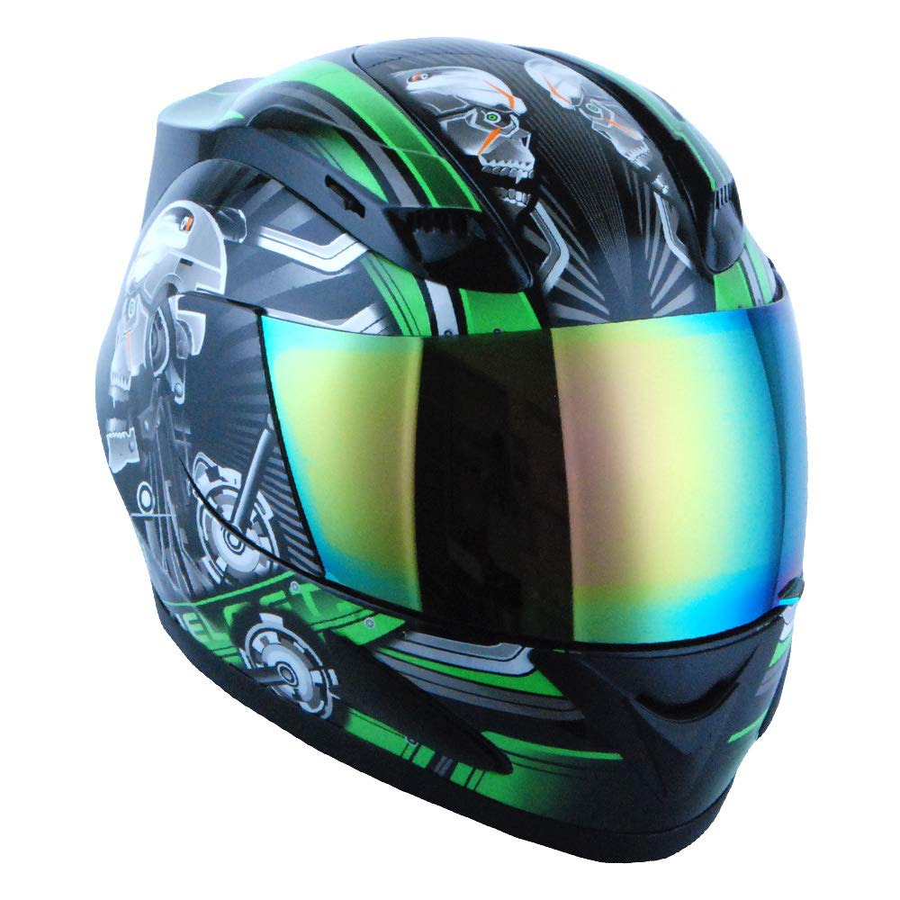 1Storm Motorcycle Bike Full FACE Helmet Mechanic Skull - Tinted Visor Green Size XL (59-60 CM 23.2/23.4 Inch)