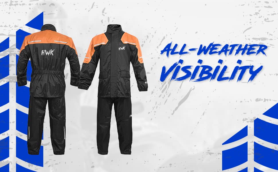 Hwk Motorcycle Rain Suit For Men And Women, Two-Piece Waterproof Motorcycle Rain Gear With Reflective Rain Jacket And Rain Pants For Weatherproof All-Season Riding, Hi-Vis Orange, 3X-Large