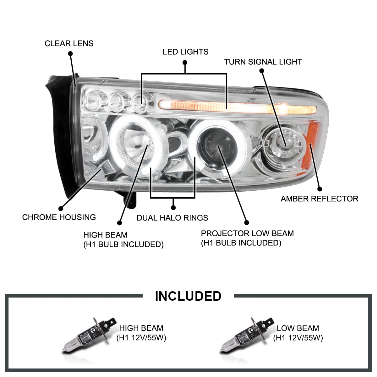 Spec-D Tuning Chrome Housing Clear Lens Projector Headlights Compatible With 1994-2001 Dodge Ram 1500/2500/3500, Left + Right Pair Headlamps Assembly
