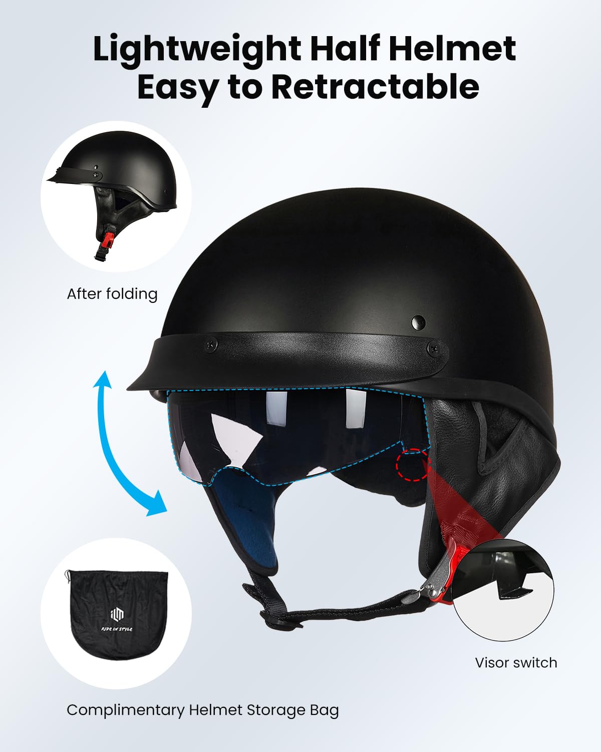 Ilm Half Helmet Motorcycle Open Face Sun Visor Quick Release Buckle Dot Approved Cycling Motocross Suits Men Women Model-205V (L