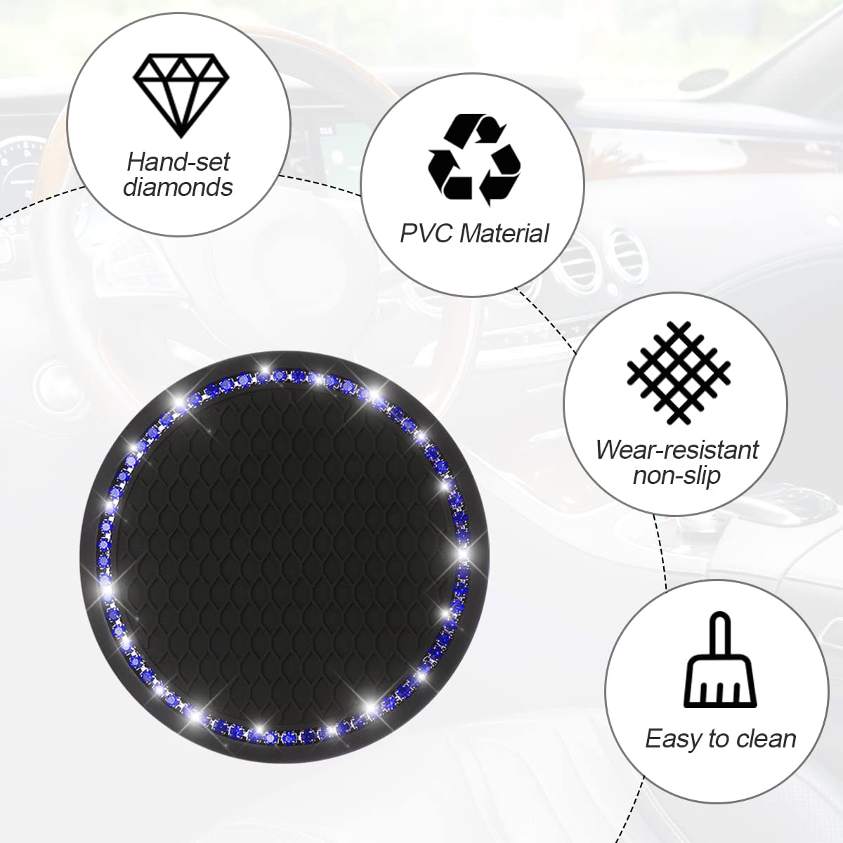 Car Cup Holder Coaster, 2 Pcs Universal Bling Crystal Rhinestone Car Accessories 2.75 Inch Auto Anti Slip Cup Holder Insert Mat Pad Set,Suitable For Most Car Interior (Black/Deep Blue)
