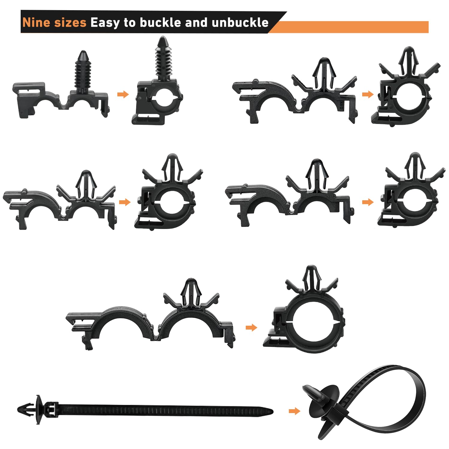 Gooacc 130Pcs Car Wire Loom Routing Clips Assortment - 9 Different Sizes Universal Wiring Harness Routing Clip Replacement Parts