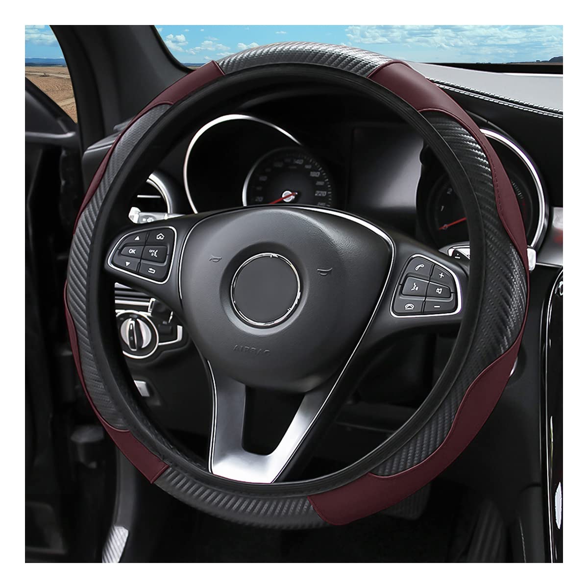 Car Steering Wheel Cover, Microfiber Pu Leather Elastic Carbon Fiber Auto Steering Wheel Protector, 15 Inch Breathable Anti-Slip For Women Men, Car Interior Accessories For Most Cars (Black/Wine Red)