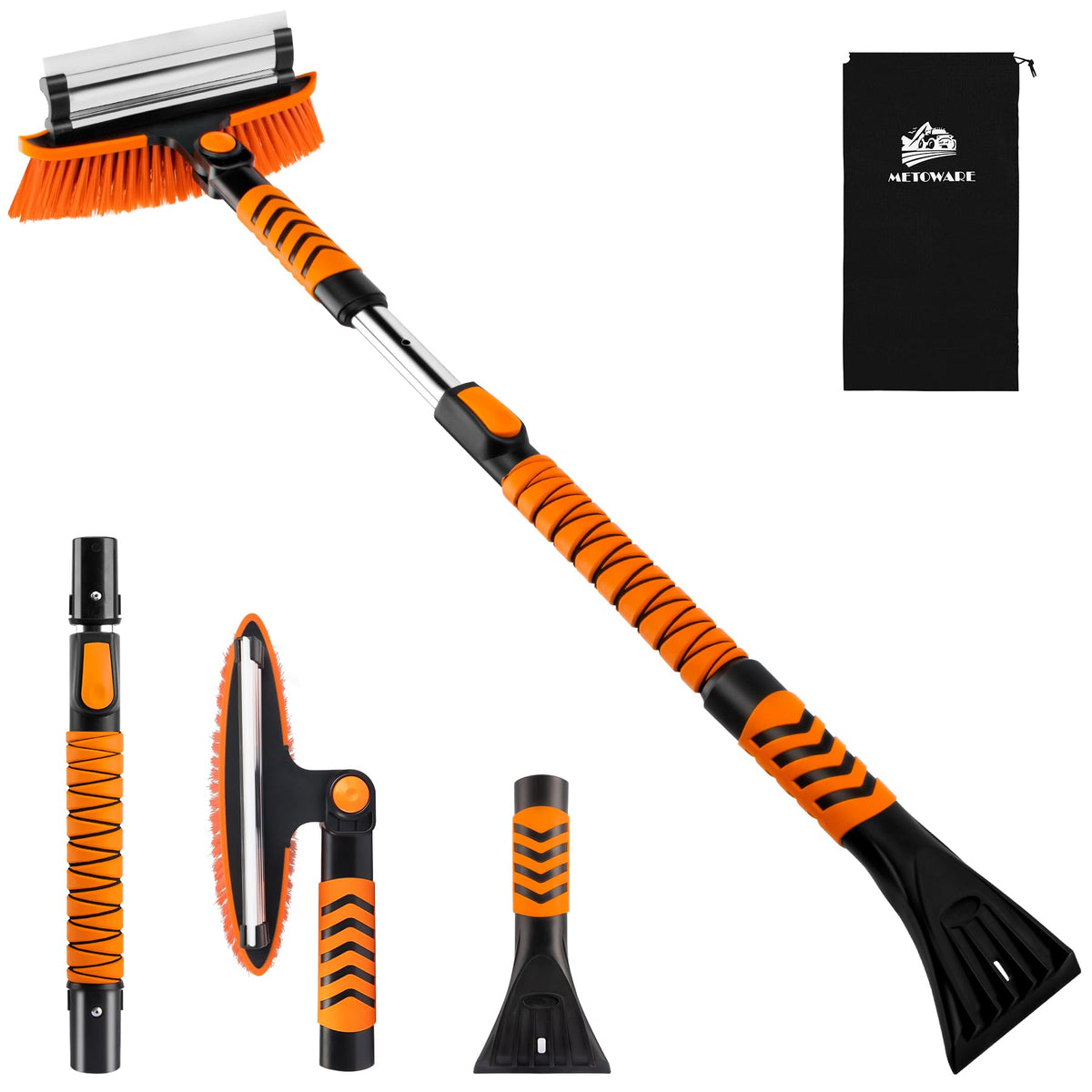 Metoware 42.2'' Snow Brush And Ice Scrapers For Car Windshield, Extendable Snow Brush For Car With Ergonomic Foam Grip And 360 P