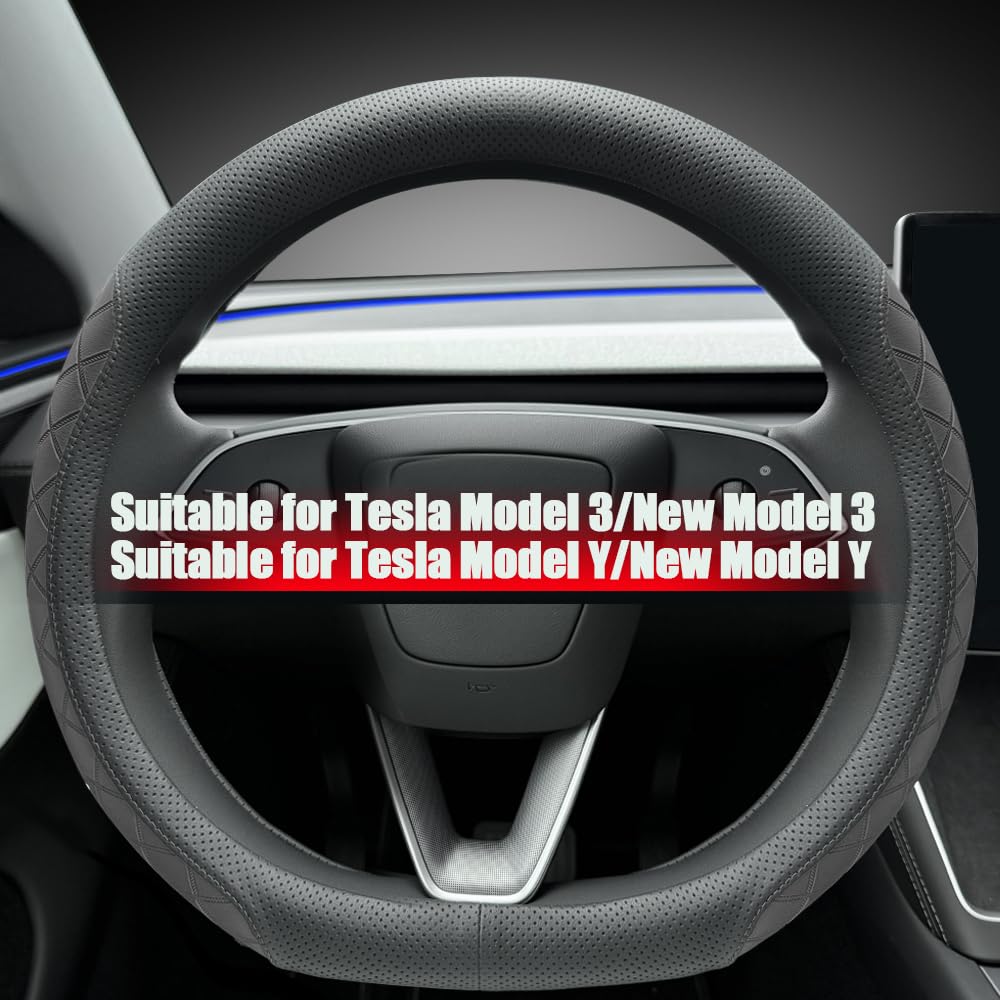 Lkwlikei Leather Steering Wheel Cover. Elegant Diamond Checkered Design, Non-Slip And Breathable, For Tesla Model 3/Y Steering W