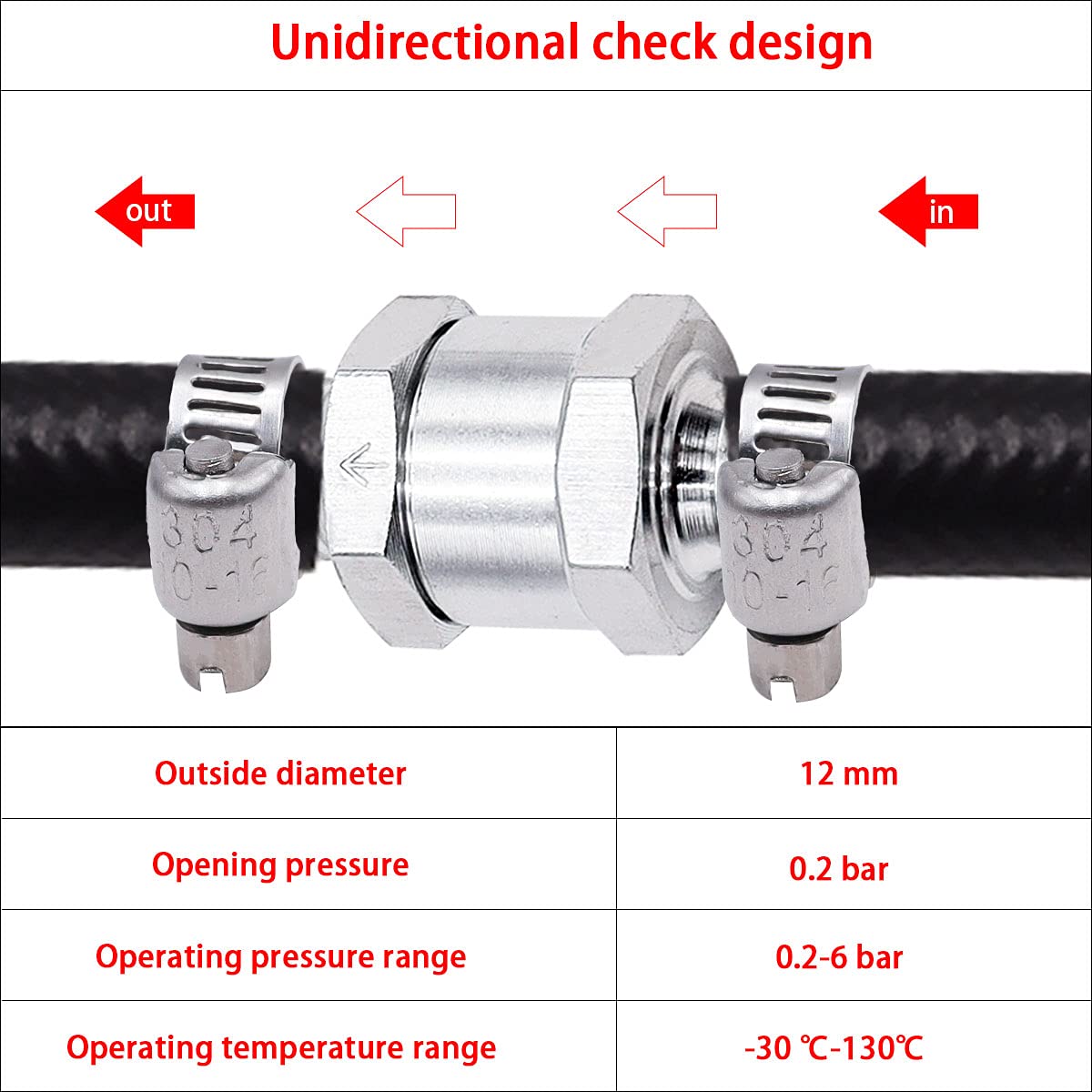 Mxuteuk 2Pcs 1/2 '' 12Mm Aluminium Silver Non Return One Way Check Valve With 4Pcs 10-16Mm Universal Adjustable Hose Clamps For