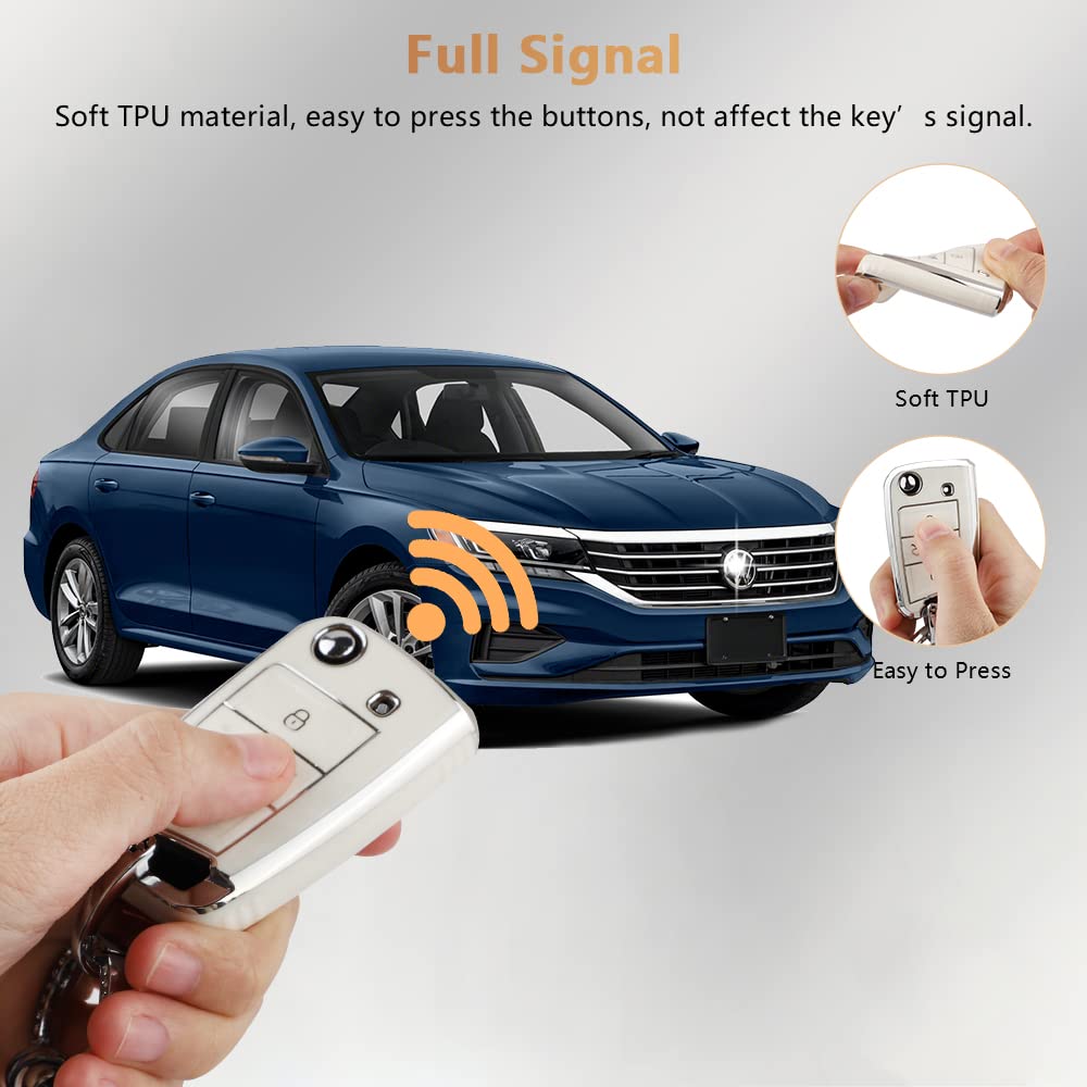 Pifoog For Volkswagen Vw Key Fob Cover Tiguan Golf Gti Altas Jetta Accessories 4 Button Soft Tpu Car Keys Case Protector Bling Keychain Landyard Girly White Silver