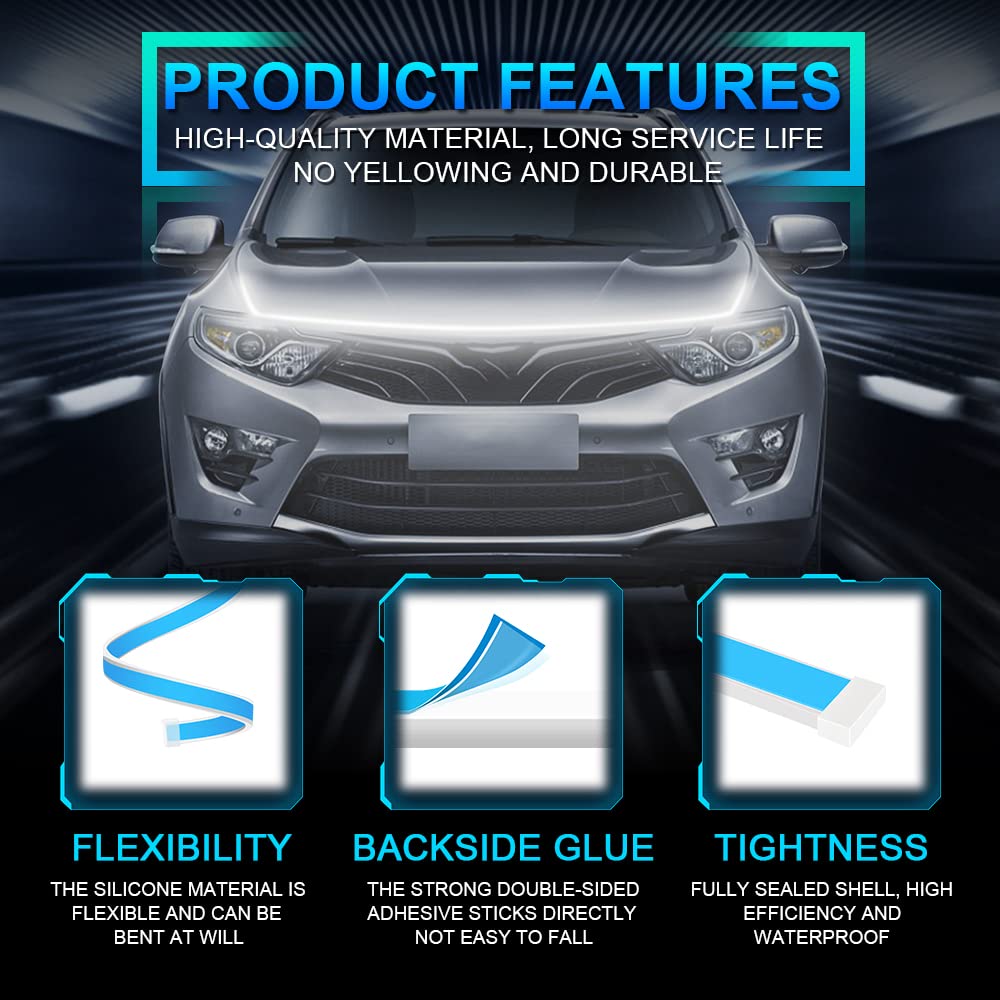 Chemini Car Hood Light Strip, 60 Inch Led Strip Lights For Car Hood Universal Engine Hood Guide Decorative Light Bar 12V Flexible Headlight Waterproof Daytime Running Light Strip 1Pcs (White)