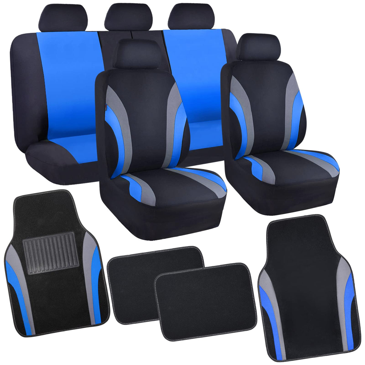 CAR PASS Line Rider Sporty Car Seat Covers Full Set with 4Pcs Waterproof Car Floor Mats Universal Fit Airbag Compatible Automoti