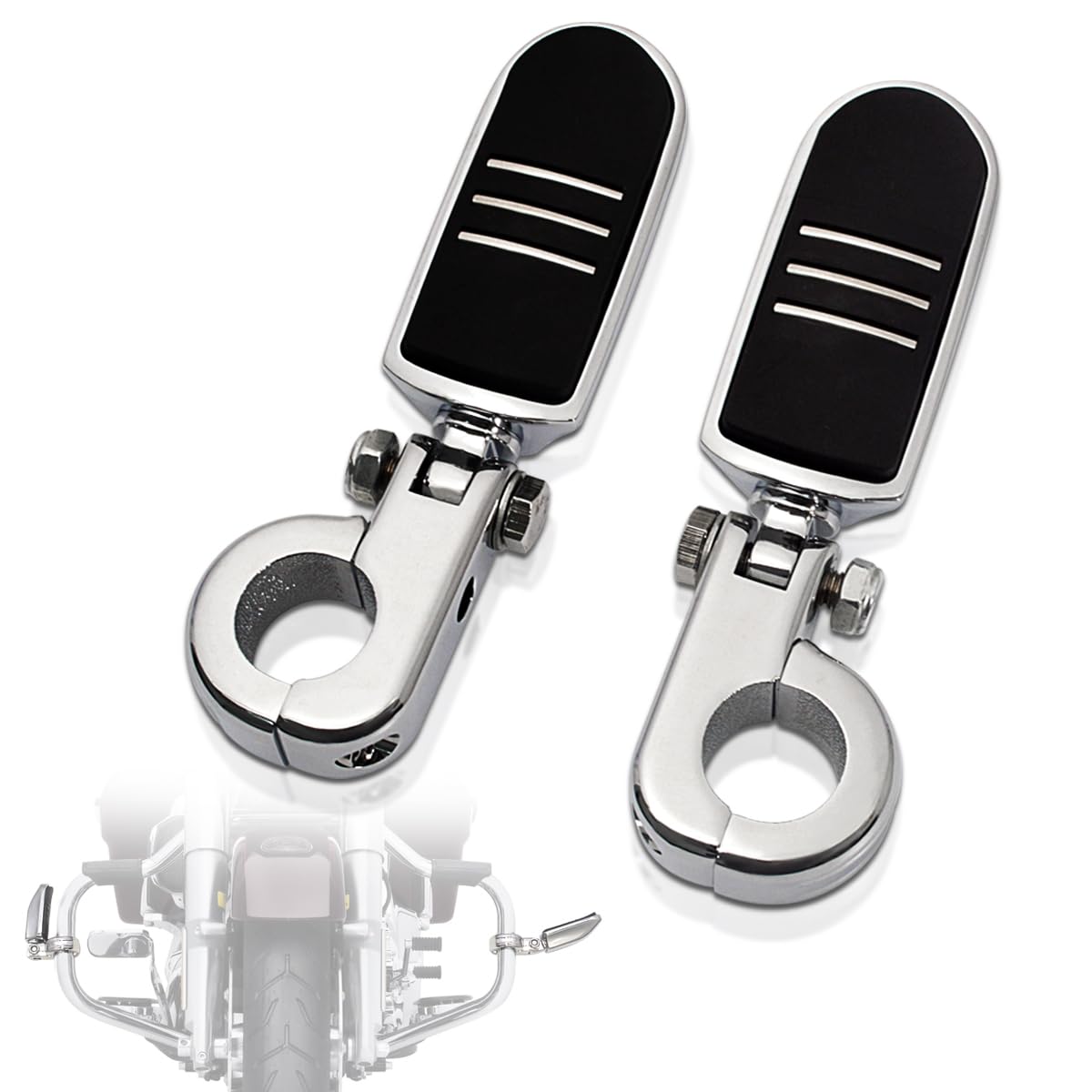 Fovplue 1.25' Highway Footpegs, Adjustable Footrest W/Mounting P-Clamps For Harley Touring Softail Dyna Sportster Honda Kawasaki Suzuki Yamaha Indian Victory With 1-1/4' Engine Guard/Tubing, Chrome#1