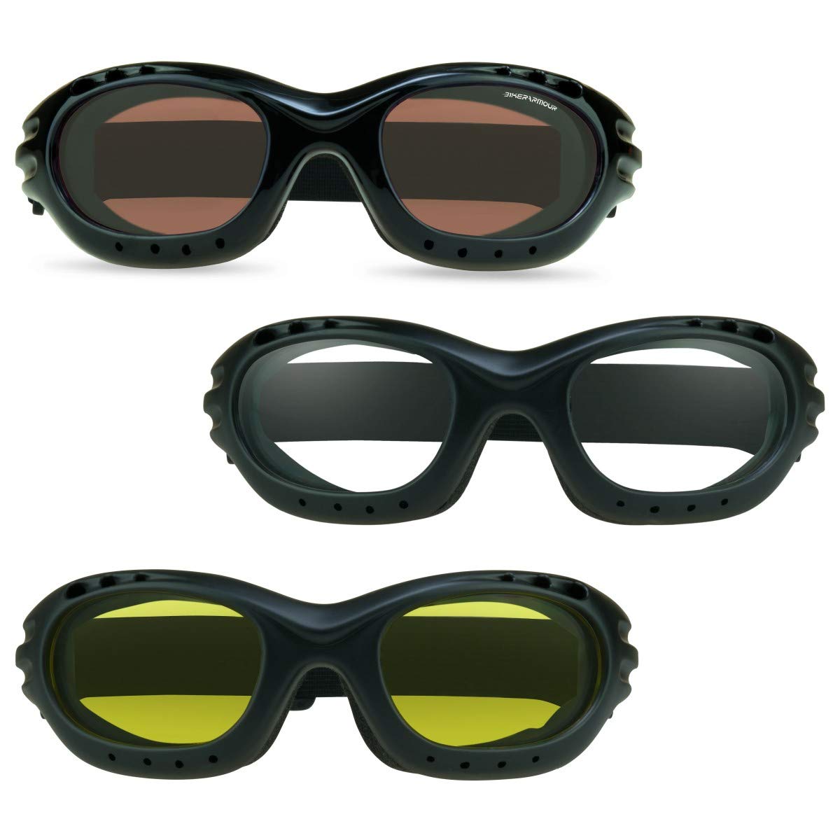 Bikershades Motorcycle Goggles Sunglasses Amber High Definition, Clear & Night Yellow Foam Cushion Adjustable Strap Ski Sky Divi