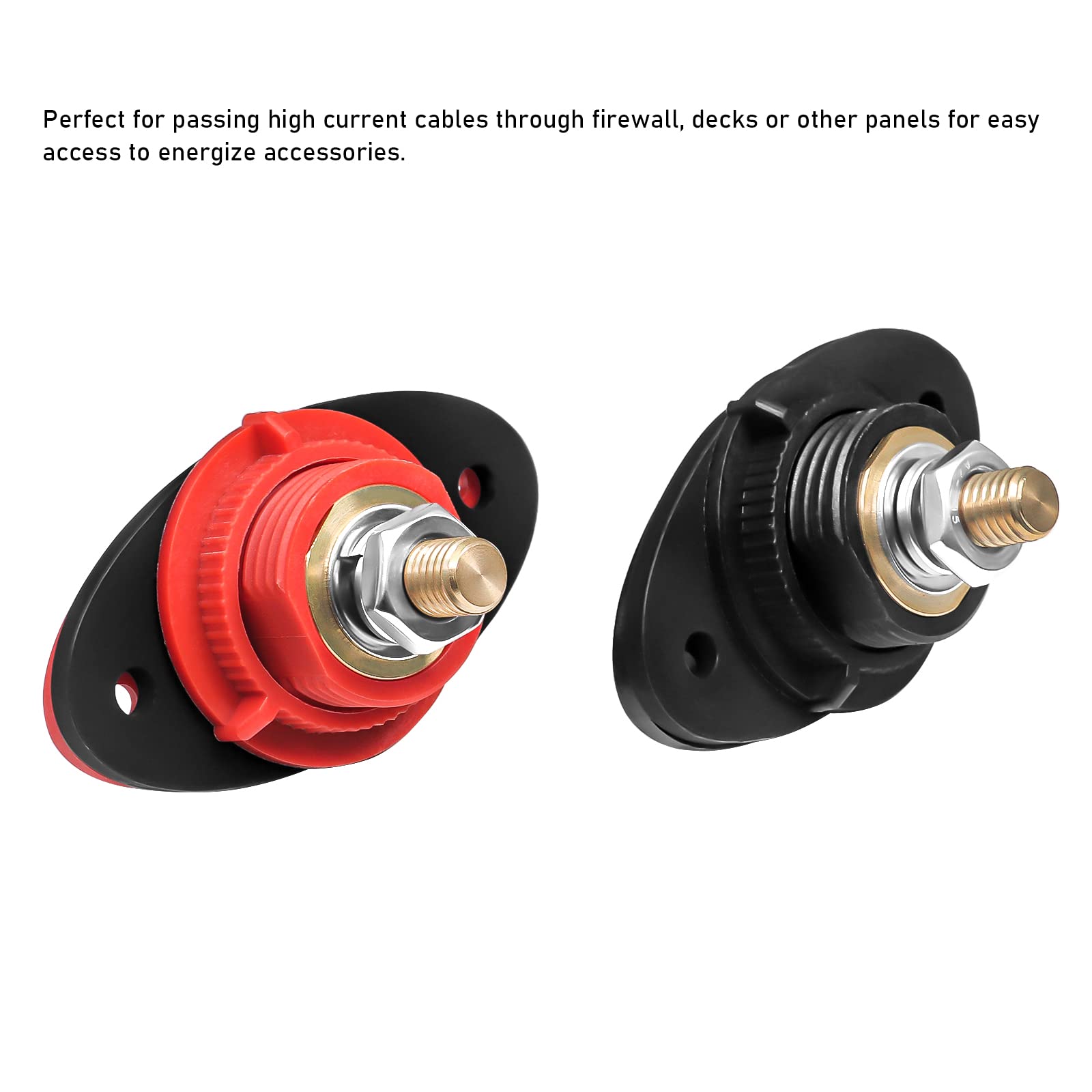 Recoil Bttp-38 Premium High Current 3/8” Feed-Thru Panel Battery Terminal Connectors With Silicone Terminal Covers, Red & Black Pair
