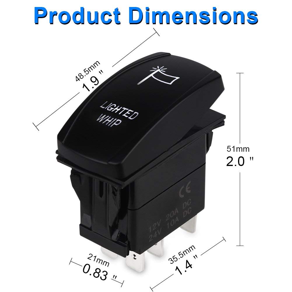 Waterwich Lighted Whip Illuminated Rocker Toggle Switch Waterproof With Jumper Wires Set Dc 20A 12V/10A 24V 5Pin On-Off/Spst Rocker Switch For Auto Truck Boat Marine Rv (Green)