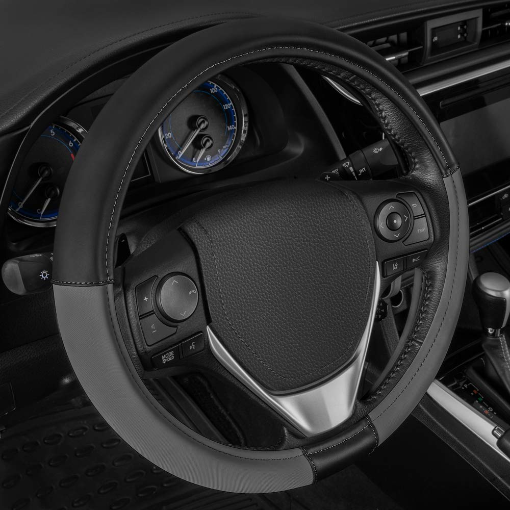 Caterpillar Two Tone Ergonomic Soft Leather Grip Steering Wheel Cover - Strong, Durable And Comfortable Universal Size 14.5-15.5 Inch (Dark Gray/Black) (Casw-2221-Cc)