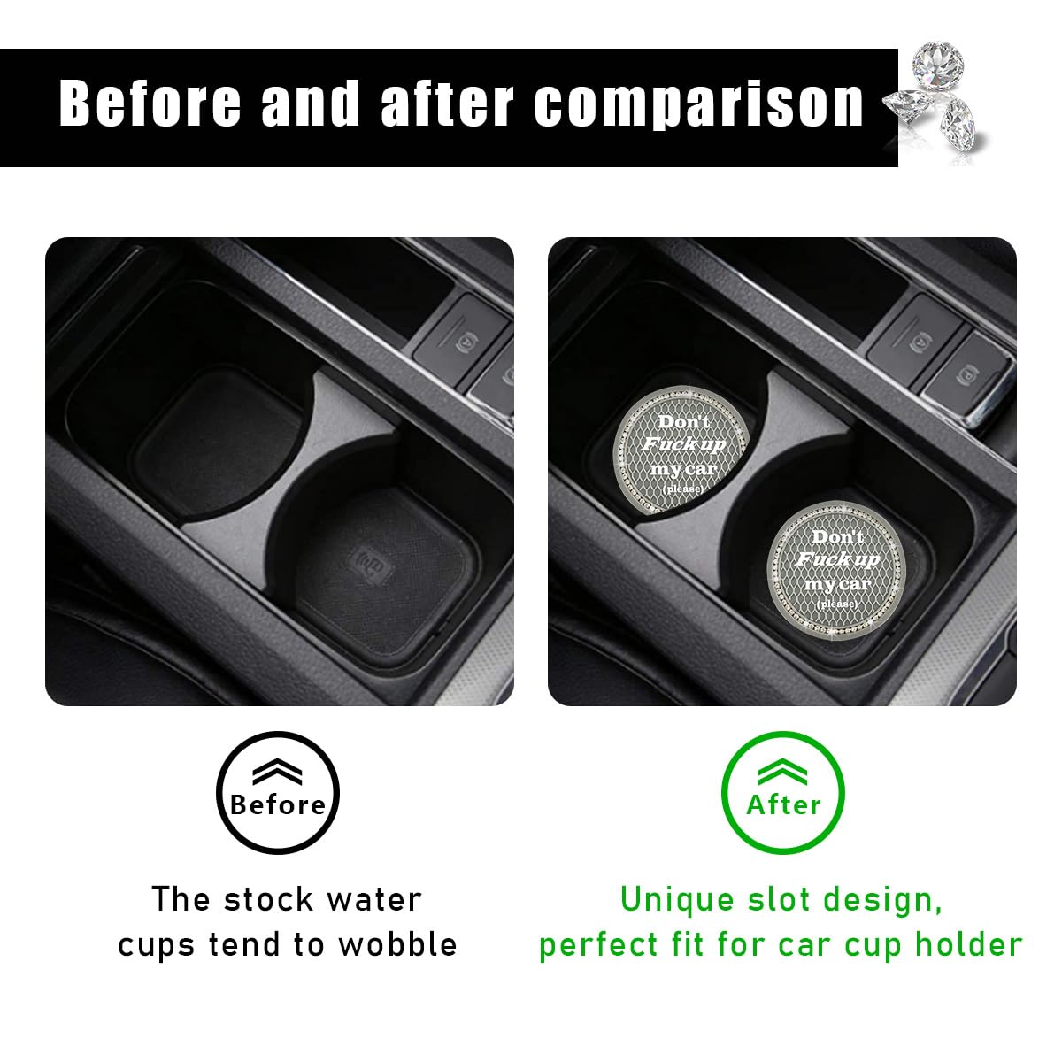 Ziciner 2 Pack Bling Car Cup Holder Coaster, 2.75 Inch Anti-Slip Auto Insert Cup Coaster, Crystal Car Drink Cup Mat Perfect For