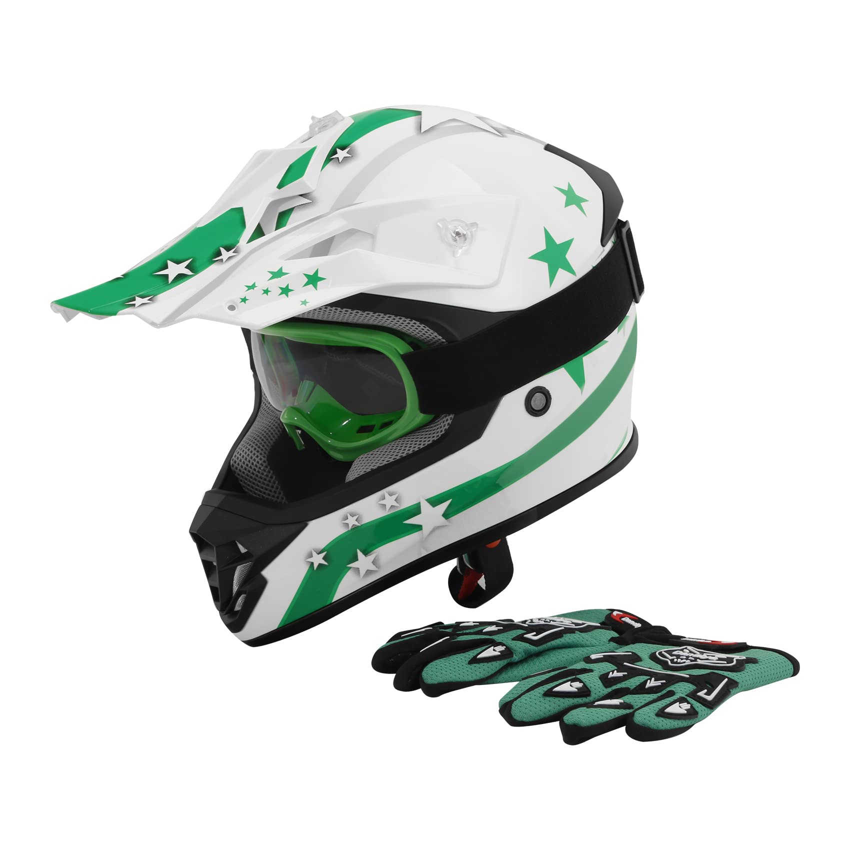 Xfmt Dot Youth Kids Motocross Offroad Street Dirt Bike Helmet Goggles Gloves Atv Mx Helmet, Green Star