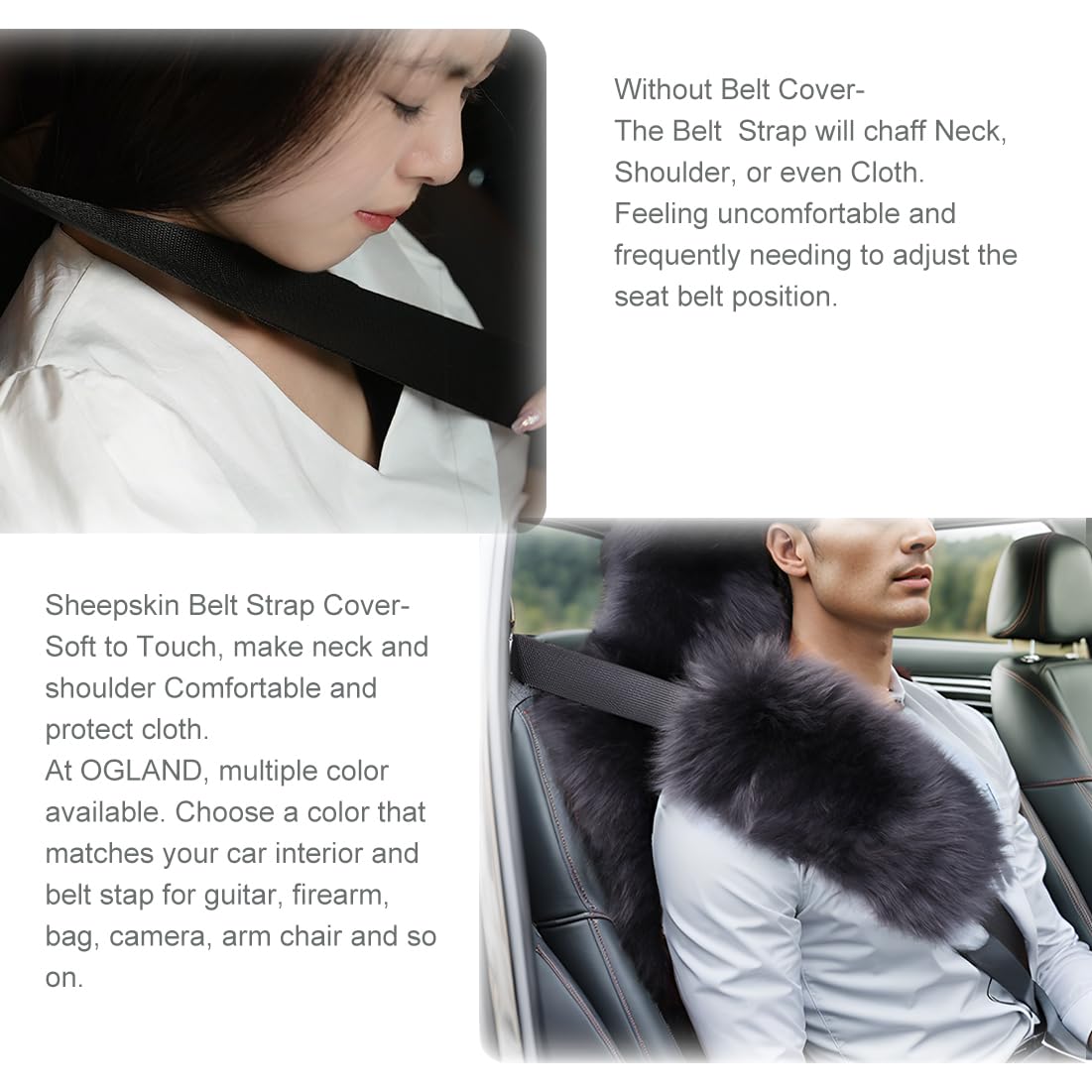 Long Wool Sheepskin Seat Belt Covers, Seatbelt Pads For Adults Kids Women Dogs Universal Car 2 Pack (Wolf Tipped)