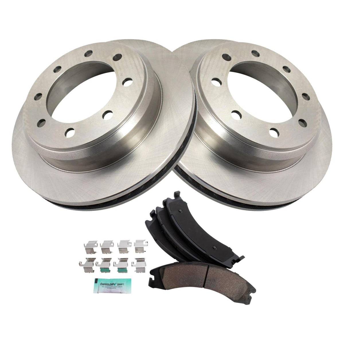 TRQ Rear Brake Pad & Rotor Kit Brake Pads Brake Rotor Ceramic Compatible with 2008-2014 Ford E-150 E-250 2008-2022 E-350 Super D