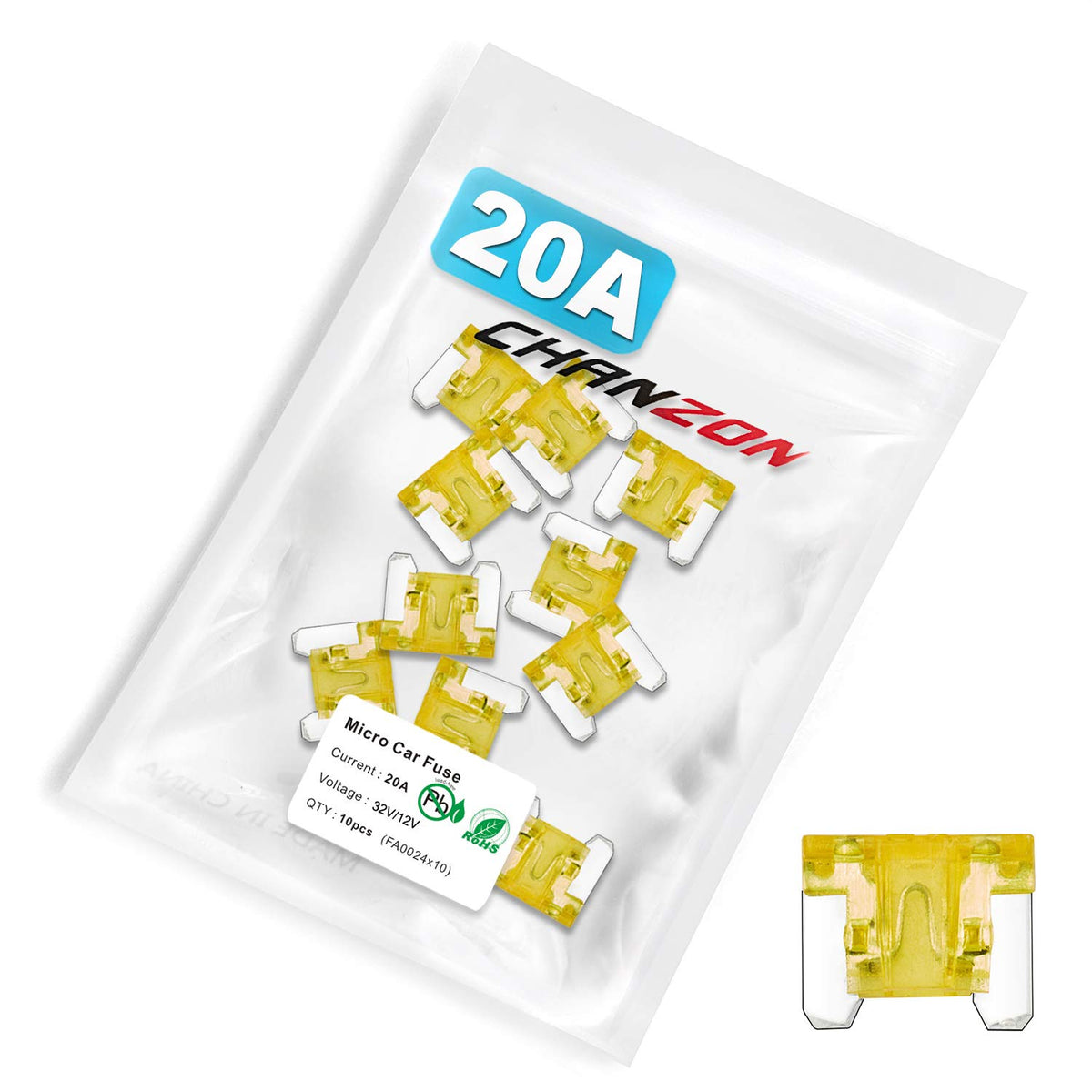 Chanzon 10Pcs 20A Low Profile Mini Micro Blade Fuse 20 Amp 32V Fast Blow Fuses for Automotive Car Truck Vehicle SUV