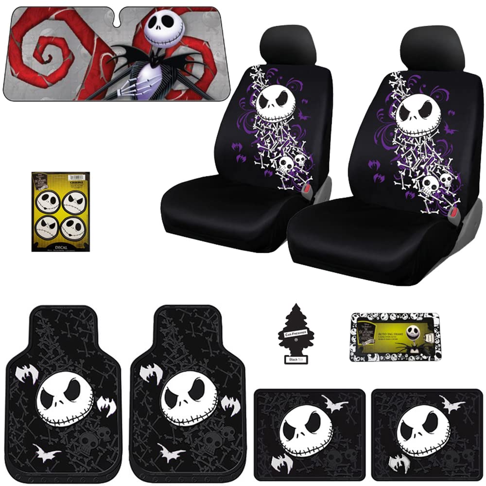 Yupbizauto 10 Pieces Bundle Nightmare Before Christmas Jack Skellington Bone Design Car Truck Suv Seat Covers Rubber Front And R