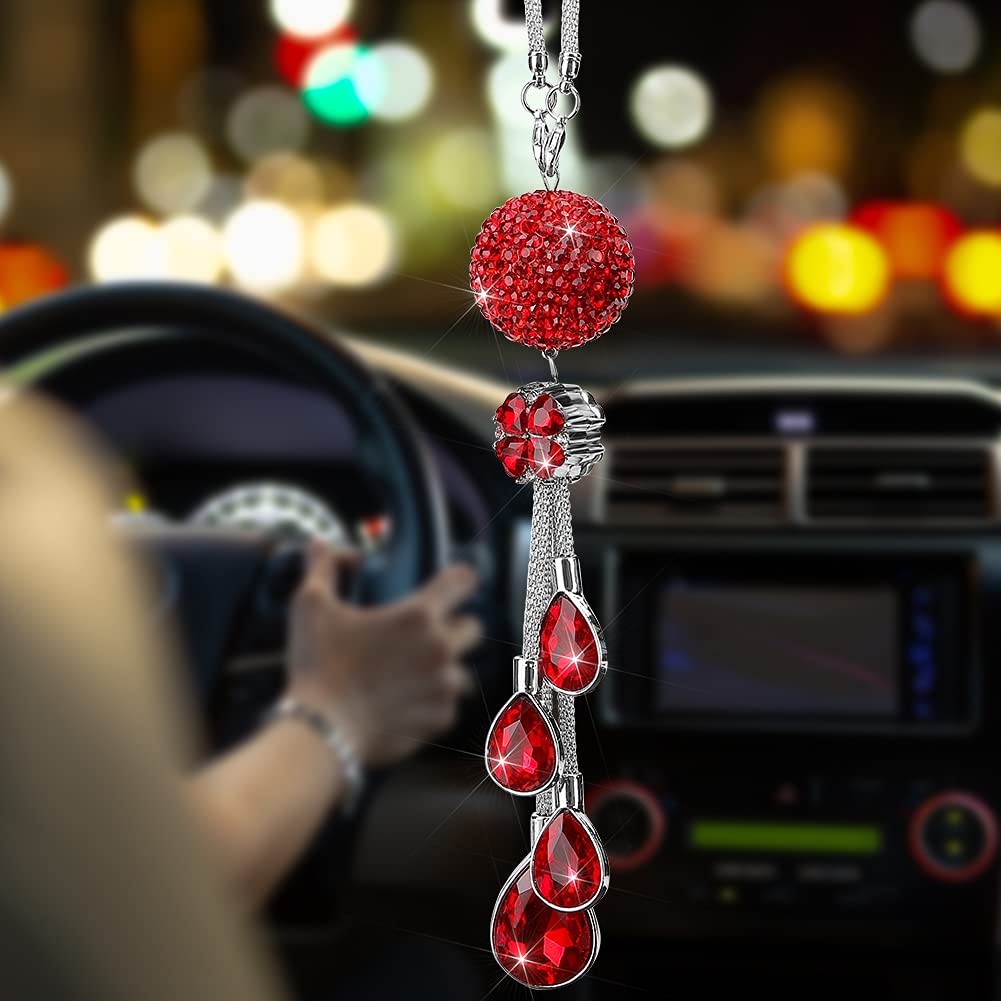 Otostar Bling Crystal Ball And Drops Car Hanging Accessories, Car Rear View Mirror Pendant Charms Interior Sun Catcher Ornament, Bling Car Accessories For Women Girls (Red)