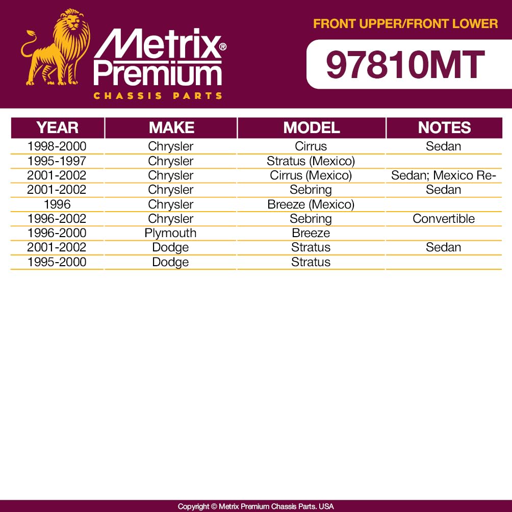 Metrix Premium Chassis Parts - 4 Pc Front Lower & Front Upper Control Arm Kit Fits 98-00 Chrysler Cirrus, 96-00 Plymouth Breeze,