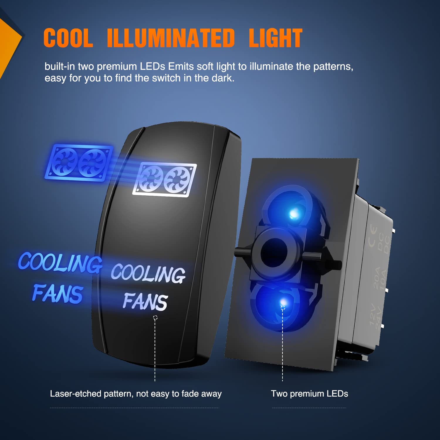 Nilight Cooling Fans Rocker Switch Led Light Bar Switch 5Pin Laser On Off SPST switches 20A/12V 10A/24V Switch Blue with Jumper
