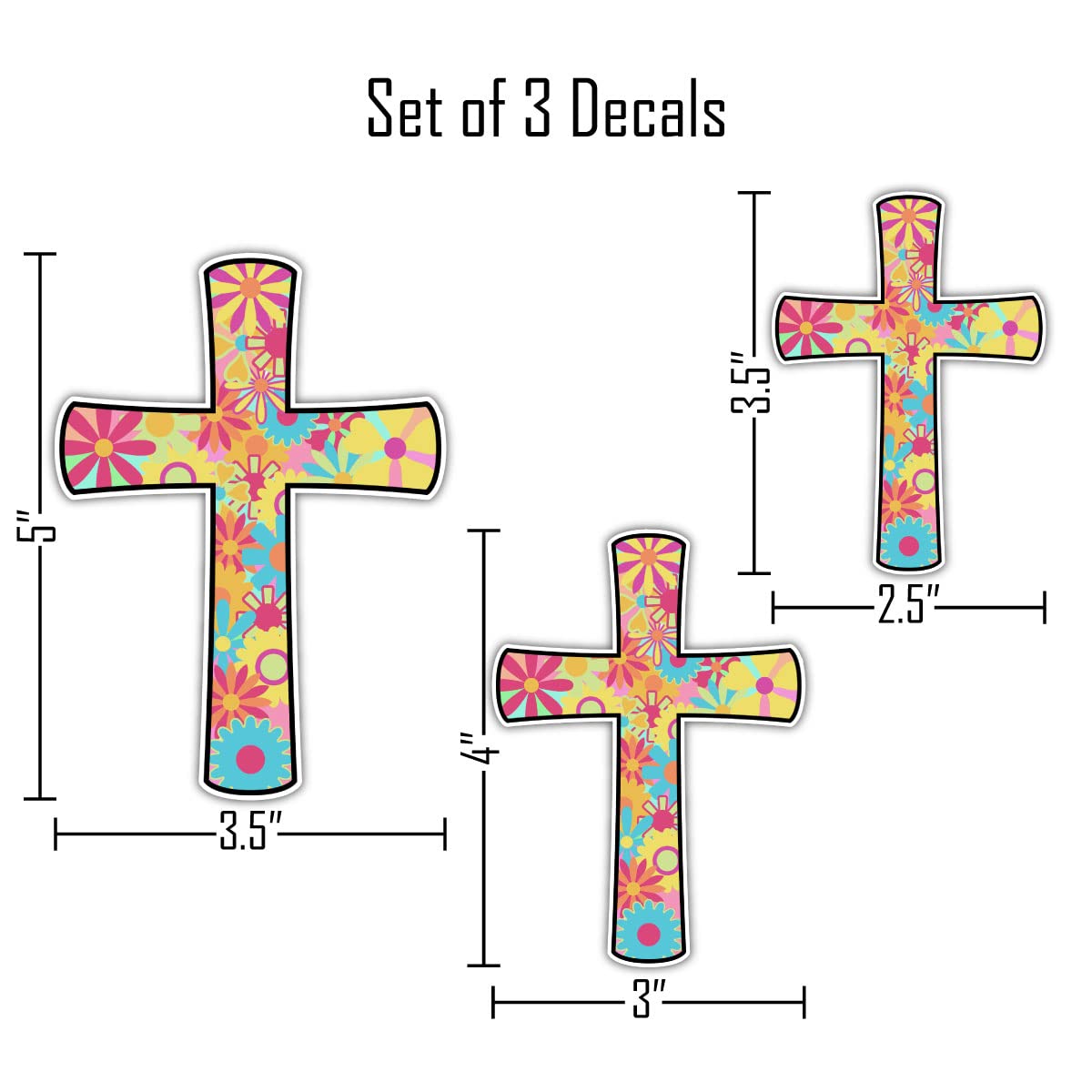 Decalcomania Retro Flower Cross Decals - Set Of 3 Vinyl Stickers For Car Or Truck Window- Colorful Religious Cross Sticker