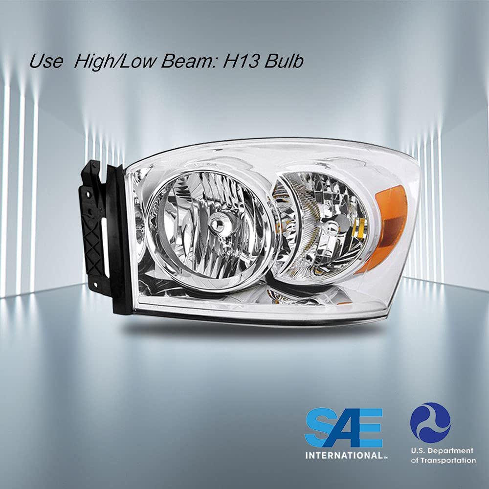 Sockir Headlight Assembly Compatible With 06 07 08 Dodge Ram 1500/06 07 08 09 Ram 2500 3500 Pickup Passenger And Driver Side, Chrome Housing & Amber Reflector
