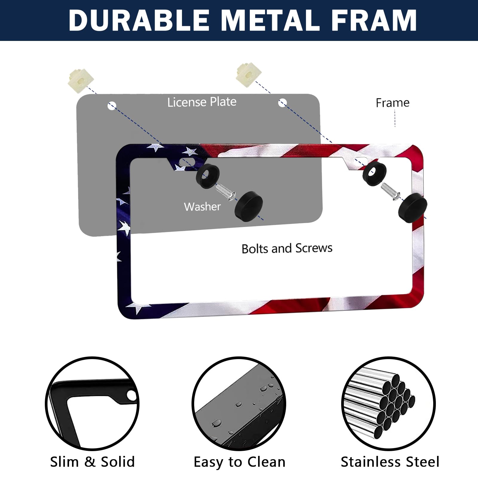 Lin Kang Patriotic American Flag License Plate Frame Holder - 2 Pack Universal Aluminum Matte Stripe Us Flag Gloss Car Plate Fra