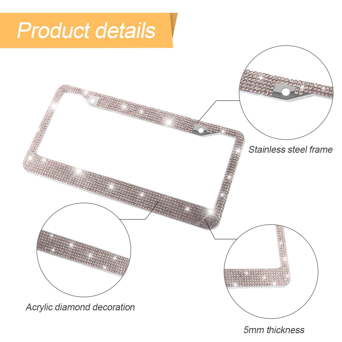 Yalok Bling Car License Plate Frame, Sparkly Rhinestone Stainless Steel License Plate Cover/Holder, Universal For Most Cars, Suvs, Vehicles With Screw Set, Auto Accessories For Women (Yellow)