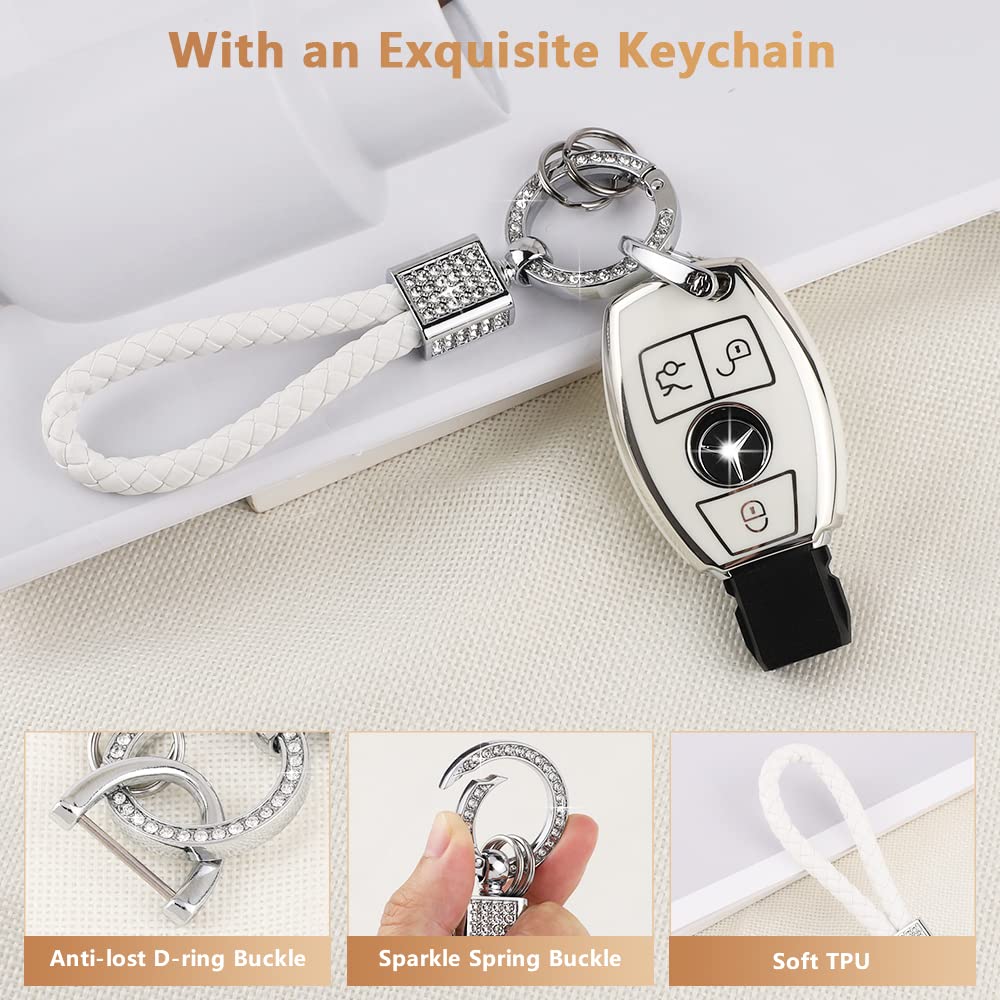 Pifoog For Mercedes Key Fob Cover 3 Buttons Soft Tpu Keys Protector Bling Keychain For Mercedes Benz C E M S Cls Cla Glk Gla Glc Gle Amg Class Girly Cute White Silver