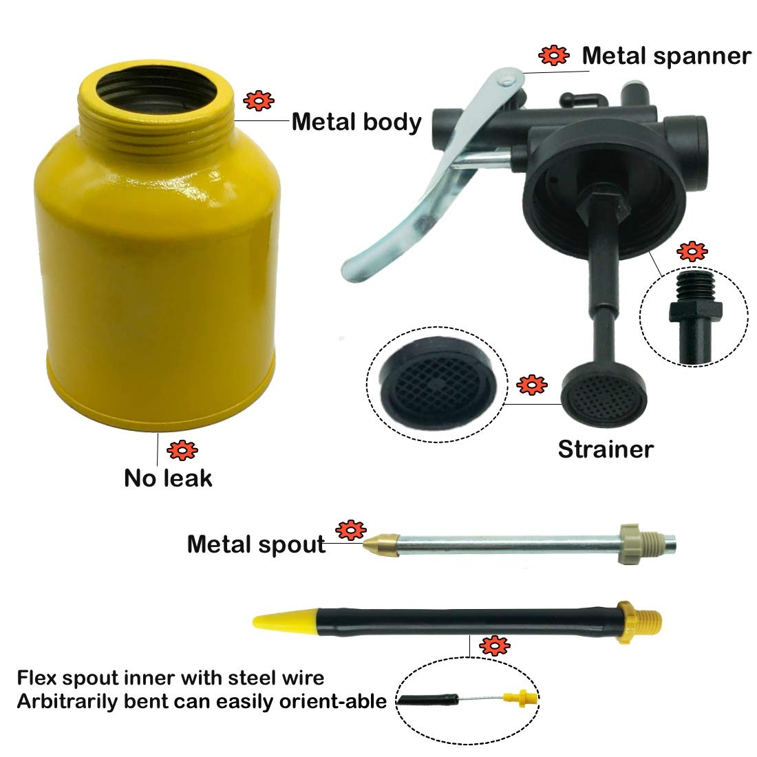 Junchi [2-Pack] Metal Yellow Pump Oil Can With 3 Spouts