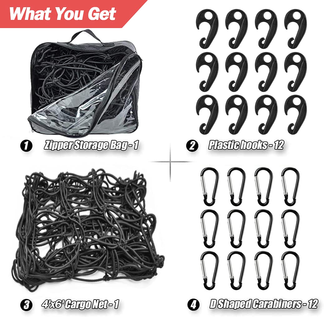 ZUOZE Natural Latex Core Super Duty Cargo Net for Pickup Truck Bed 4'x6' Stretches to 8'x12' | 12 Carabiners + 12 Hooks | Small