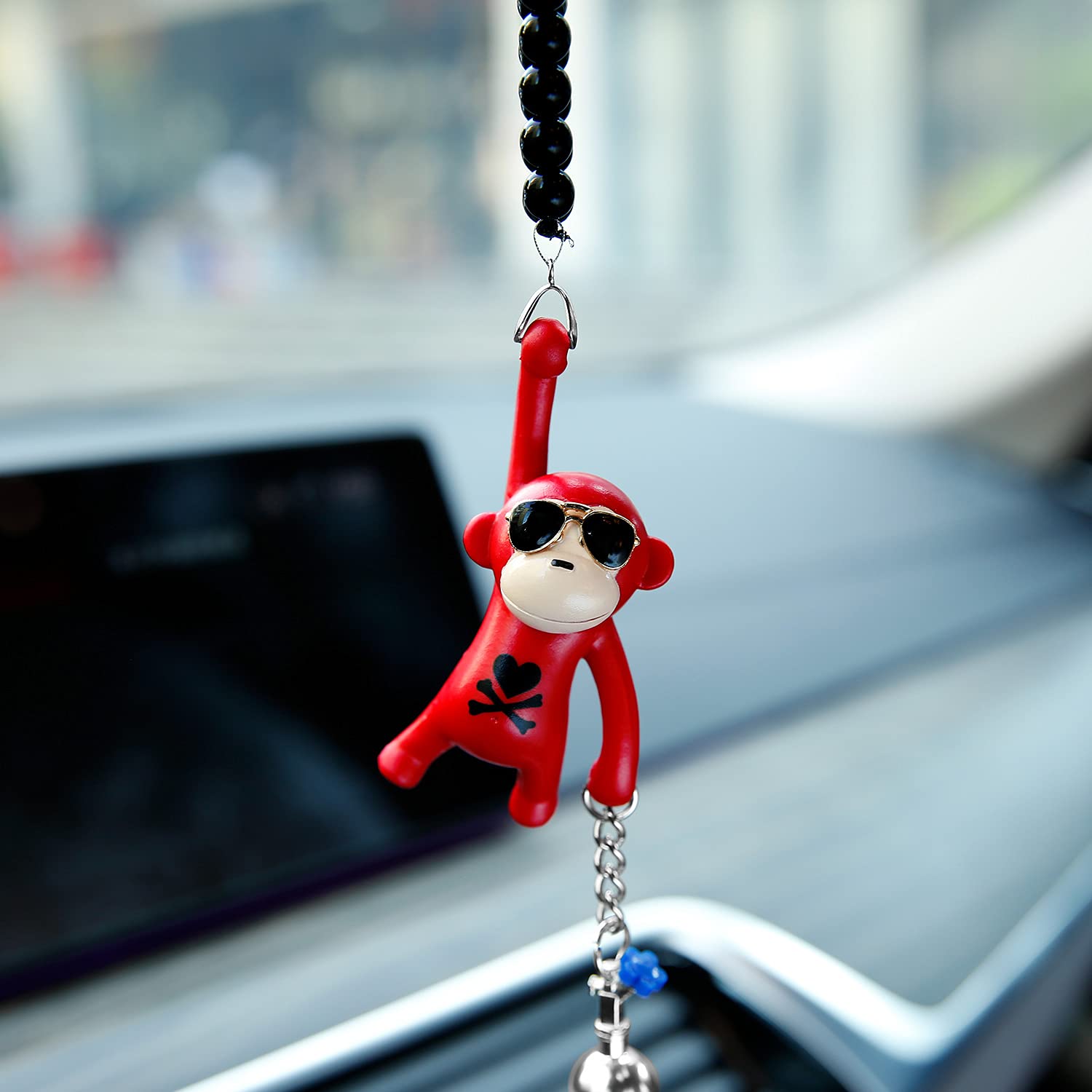 Ygmoner Wearing Sunglasses Monkey Car Interior Rear View Mirror Hanging Ornaments (Red & Nitrogen Bottle)