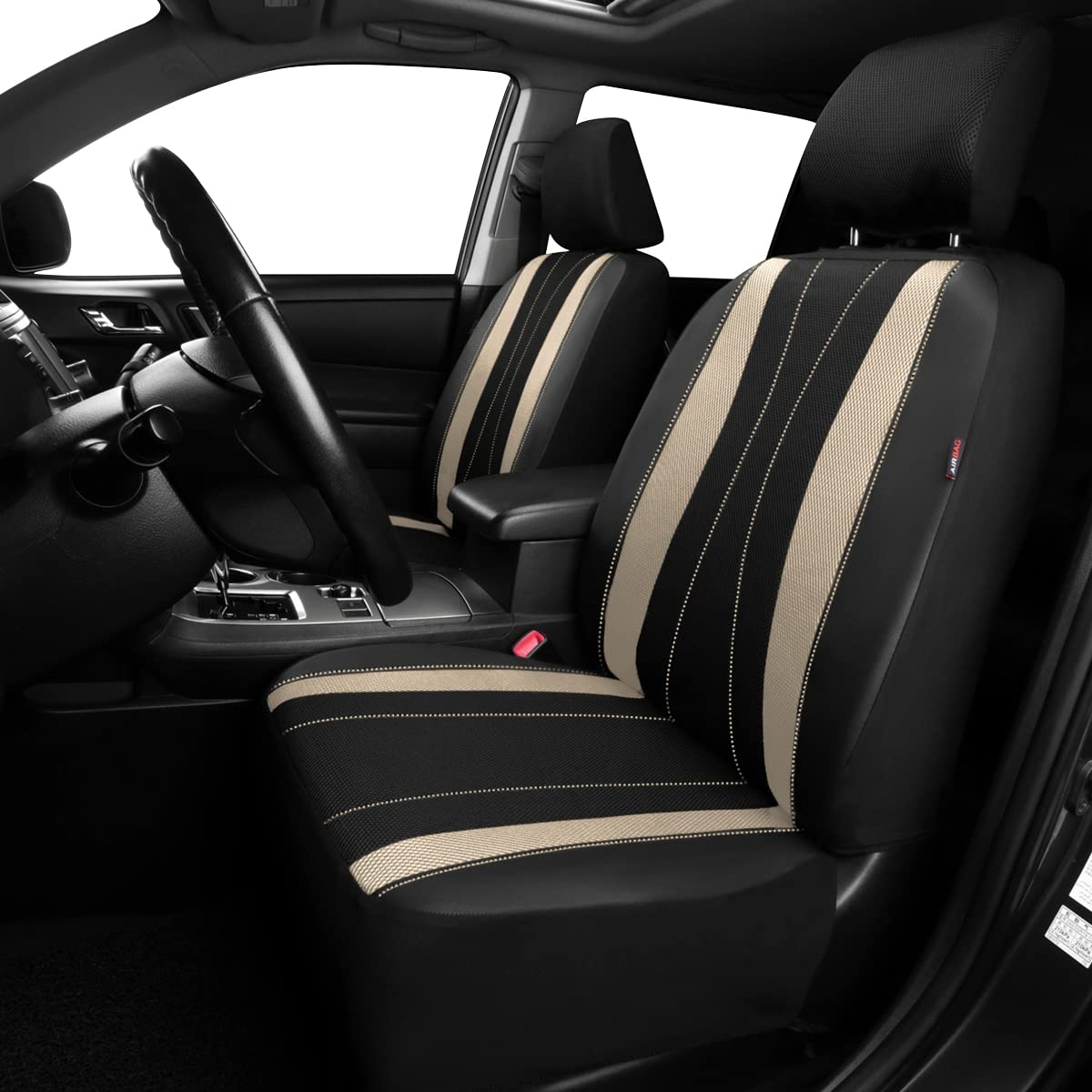 Flying Banner car seat Covers Set airmesh Breathable Fashion Easy Bench Split Protectors Sport Fashion (Black Beige, Full Set -