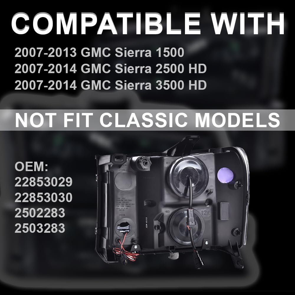 Cheda Led Drl Tube Projector Headlights Compatible With Gmc Sierra 1500 2007-2013/Fit Sierra 2500Hd 3500Hd 2007-2014 Clear Lens