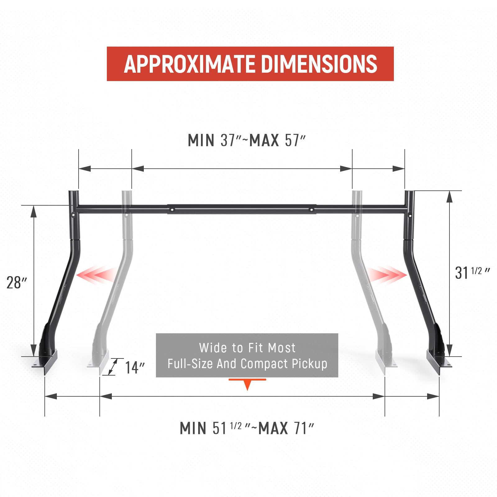 Aa-Racks Model X31 800Ibs Capacity Extendable Steel Pick-Up Truck Ladder Rack Two-Bar Set - Black
