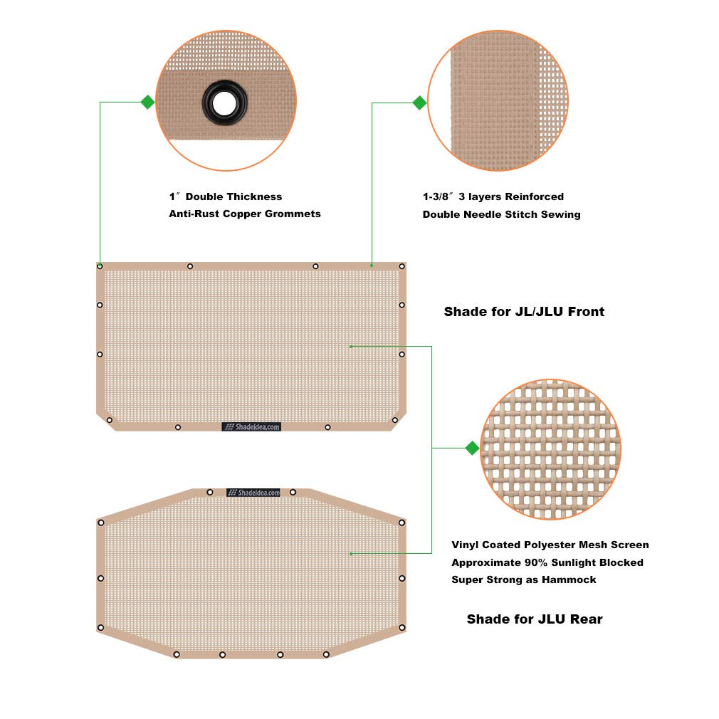 Shadeidea Sun Shade Top For Jeep Wrangler Sunshade Jl Unlimited (2018-2023) 4 Door Front And Rear 2 Piece -Tan Mesh Screen Sunsh