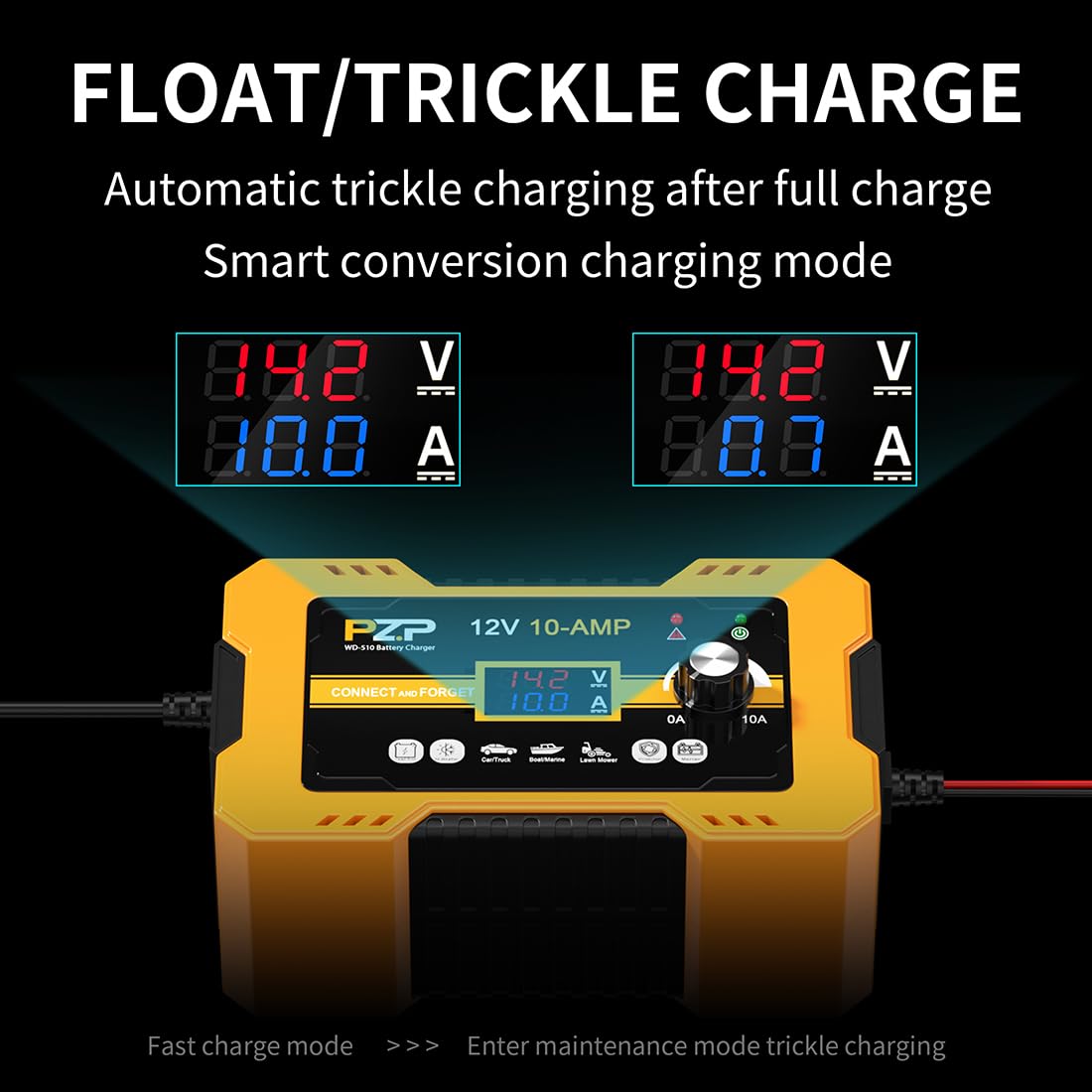 Pz.P 12V Automatic Car Battery Charger, 0-10A Arbitrarily Adjustable Smart Trickle Charger, Auto Desulfator With Battery Repair,