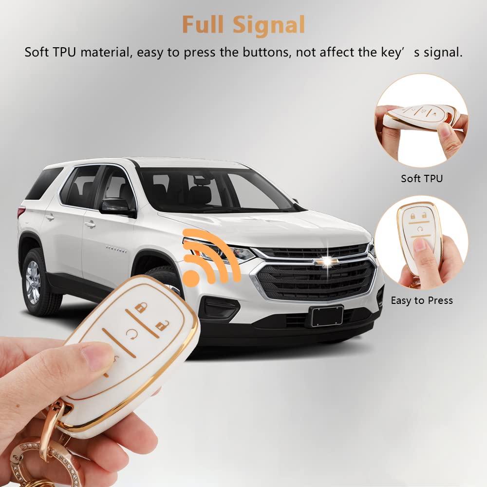 Pifoog Tpu Key Fob Cover For Chevy Equinox Camaro Traverse 5 Buttons Car Key Covers With Keychain Soft Key Shell Case Compatible Malibu Blazer Trailblazer Spark Gold White