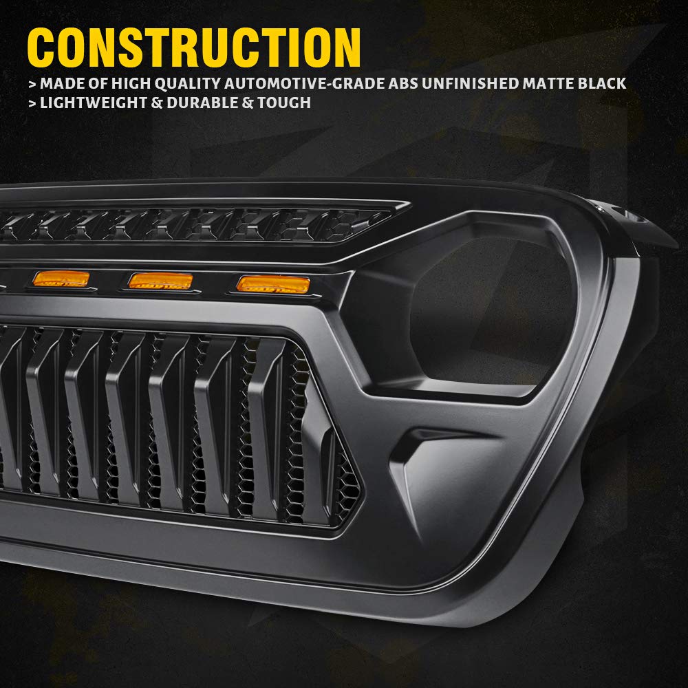 Xprite Front Grille With Amber Led Running Lights Black Gladiator Grill Compatible With 2018-2021 Jeep Wrangler Jl Jt