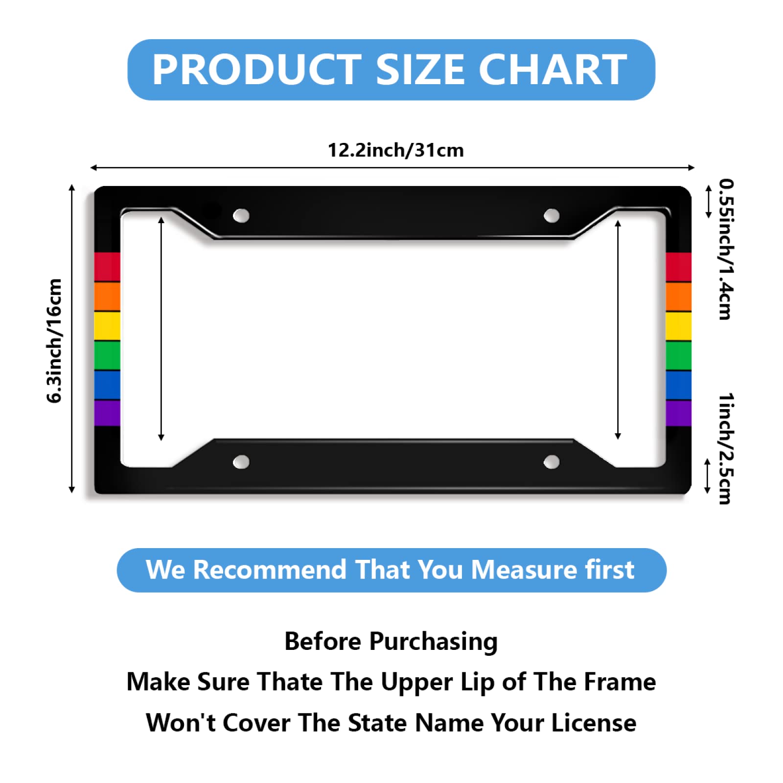 Gay Rainbow Strip License Plate Frame Stainless Steel Car Accessories Personalized License Plate Fits Standard U.S. Vehicles Siz