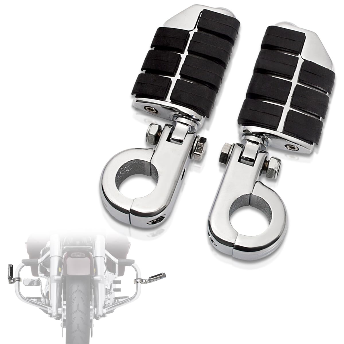 Fovplue 1.25' Highway Footpegs, Adjustable Footrest W/Mounting P-Clamps For Harley Touring Softail Dyna Sportster Honda Kawasaki Suzuki Yamaha Indian Victory With 1-1/4' Engine Guard/Tubing, Chrome#3
