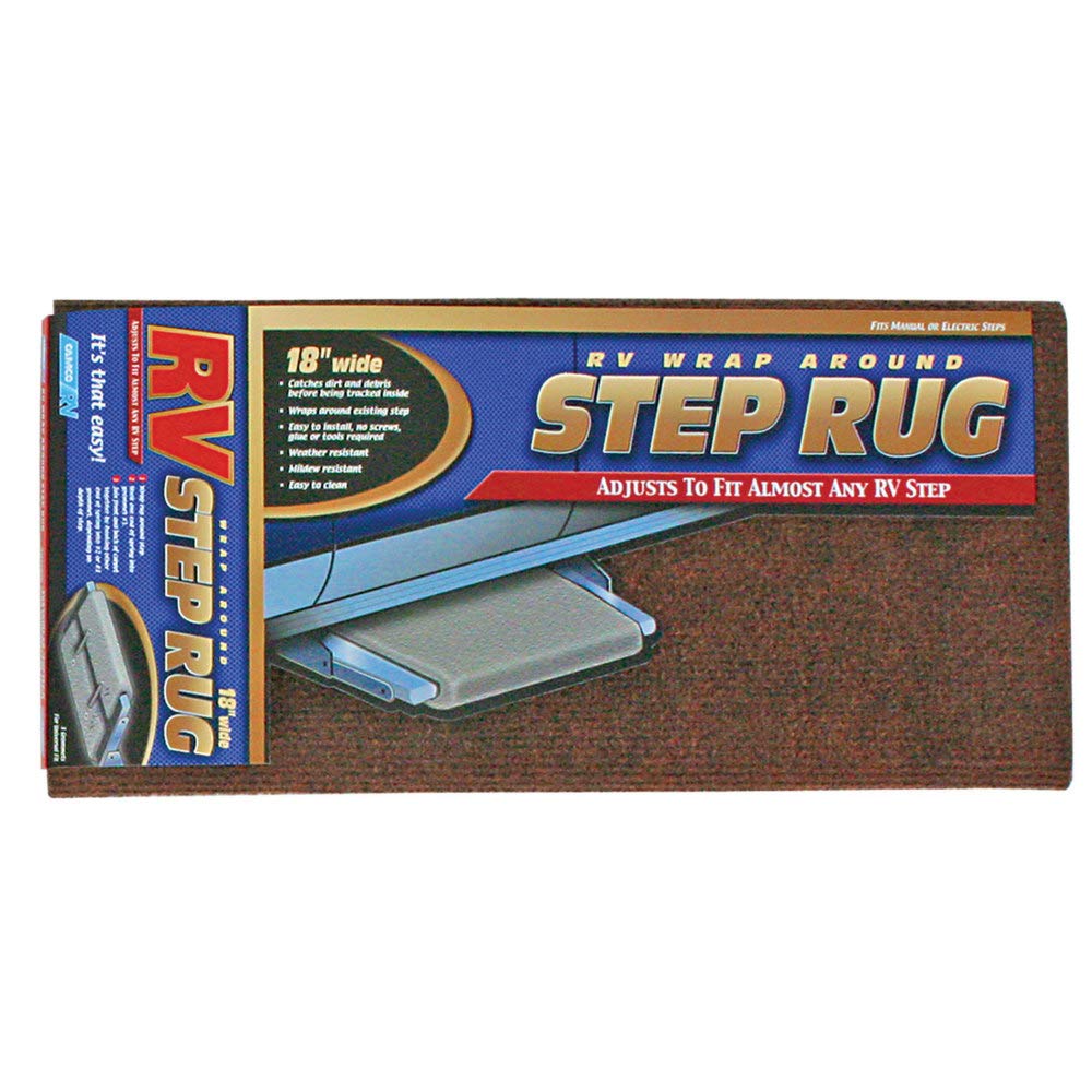 Camco Wrap Around Camper/Rv Step Rug | Features Adjustable Design & Fits Rv Steps W/Depth Of 8” To 10.5” | Compatible W/Manual & Electric Camper Steps | 18” Wide, Brown (42921)