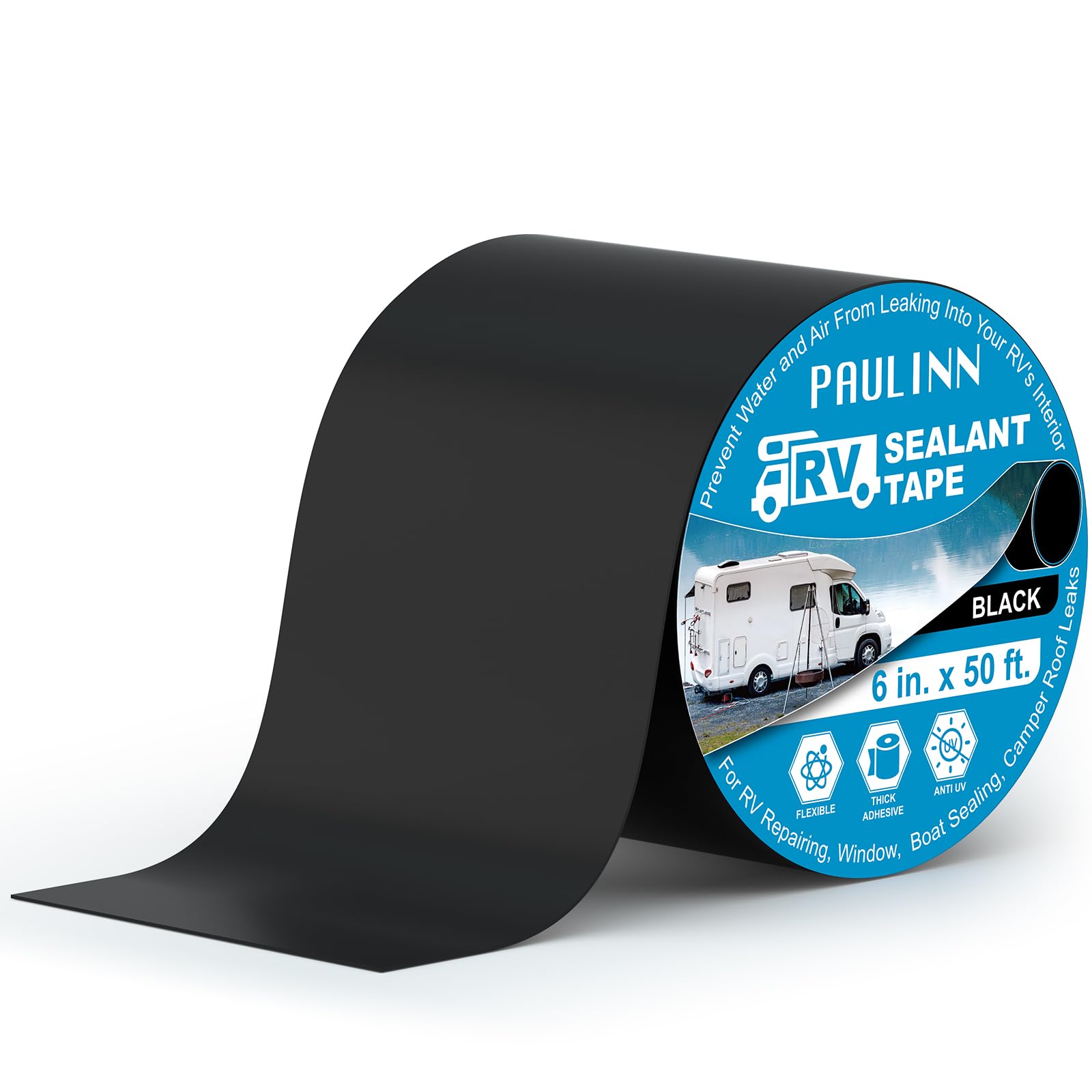 Paulinn Butyl Sealant Waterproof Tape, 6 Inch X 50 Foot Camper Roofing Tape Black, Uv & Weatherproof Roof Seal Tape For Rv Campe
