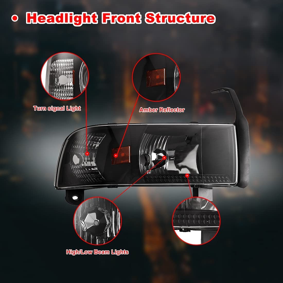 Nixon Offroad Projector Headlights For 1994-2001 Dodge Ram 1500/94-02 Dodge Ram 2500 3500/1995-2002 Dodge Ram 4000 (All W/O Sport Package) High Low Beam Head Lights Assembly Clear Lens