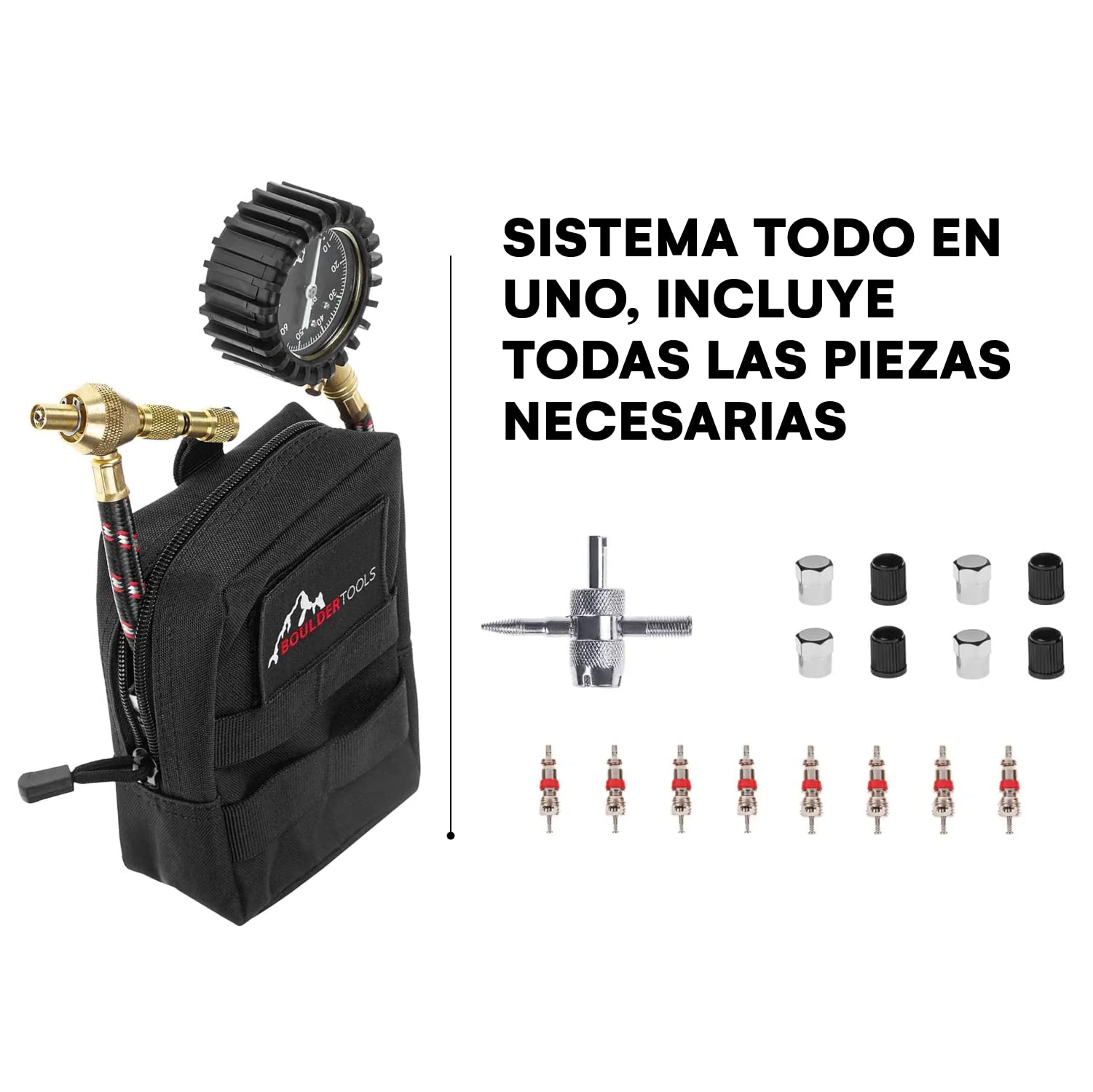 Boulder Tools Heavy Duty Rapid Tire Deflator & Molle Pouch - Precision Release Button Air Down Offroad Kit - Glows In Dark, Bonus: Valve Caps, Cores, Repair Tool | Quickly Deflate 4X4 Off Road Tires