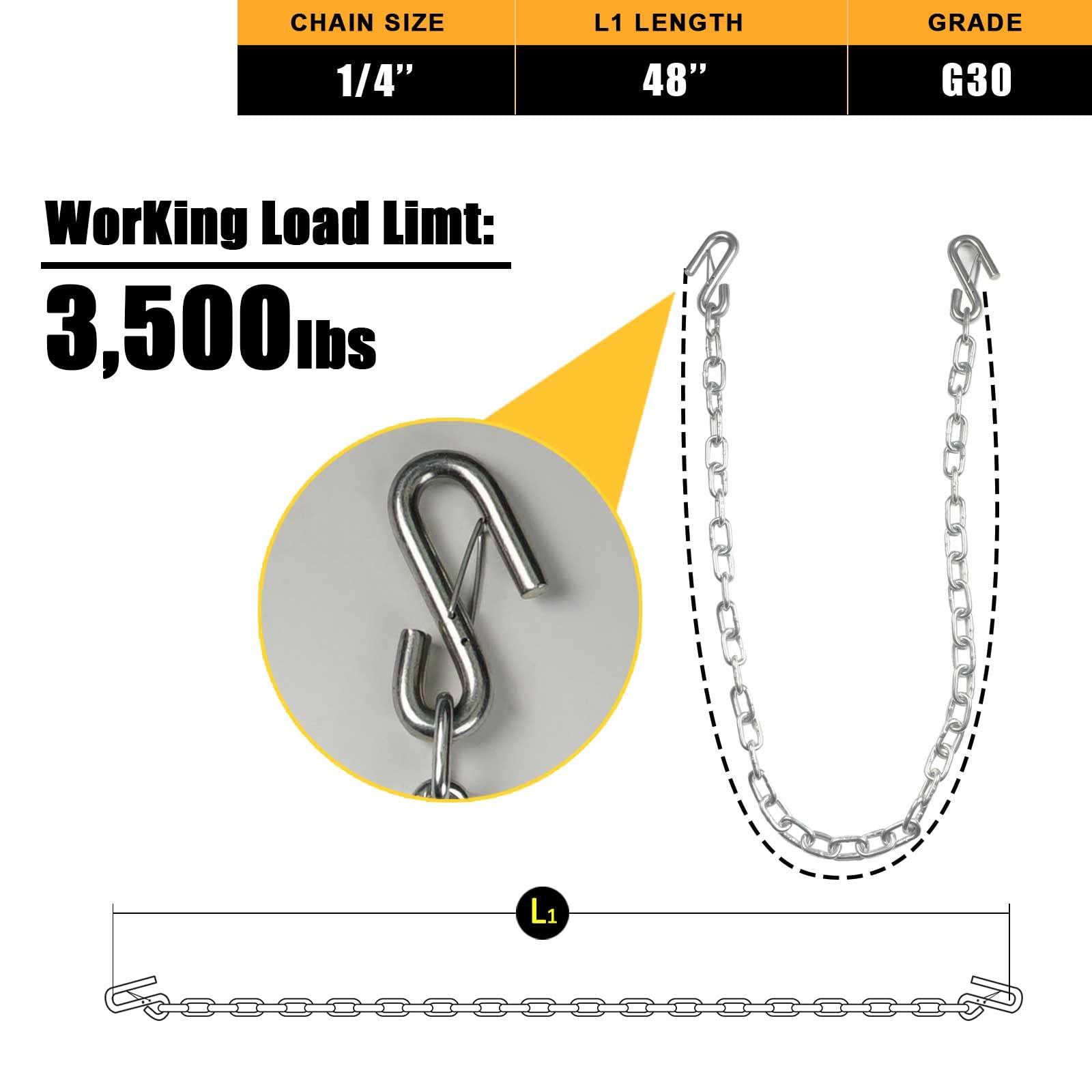 AYMMIC 1/4'' x 48'' Trailer Safety Chain with 2 Latches S Hook, 3,500Lbs Capacity, G30, Secures Tow Vehicle to Trailer, for RV,
