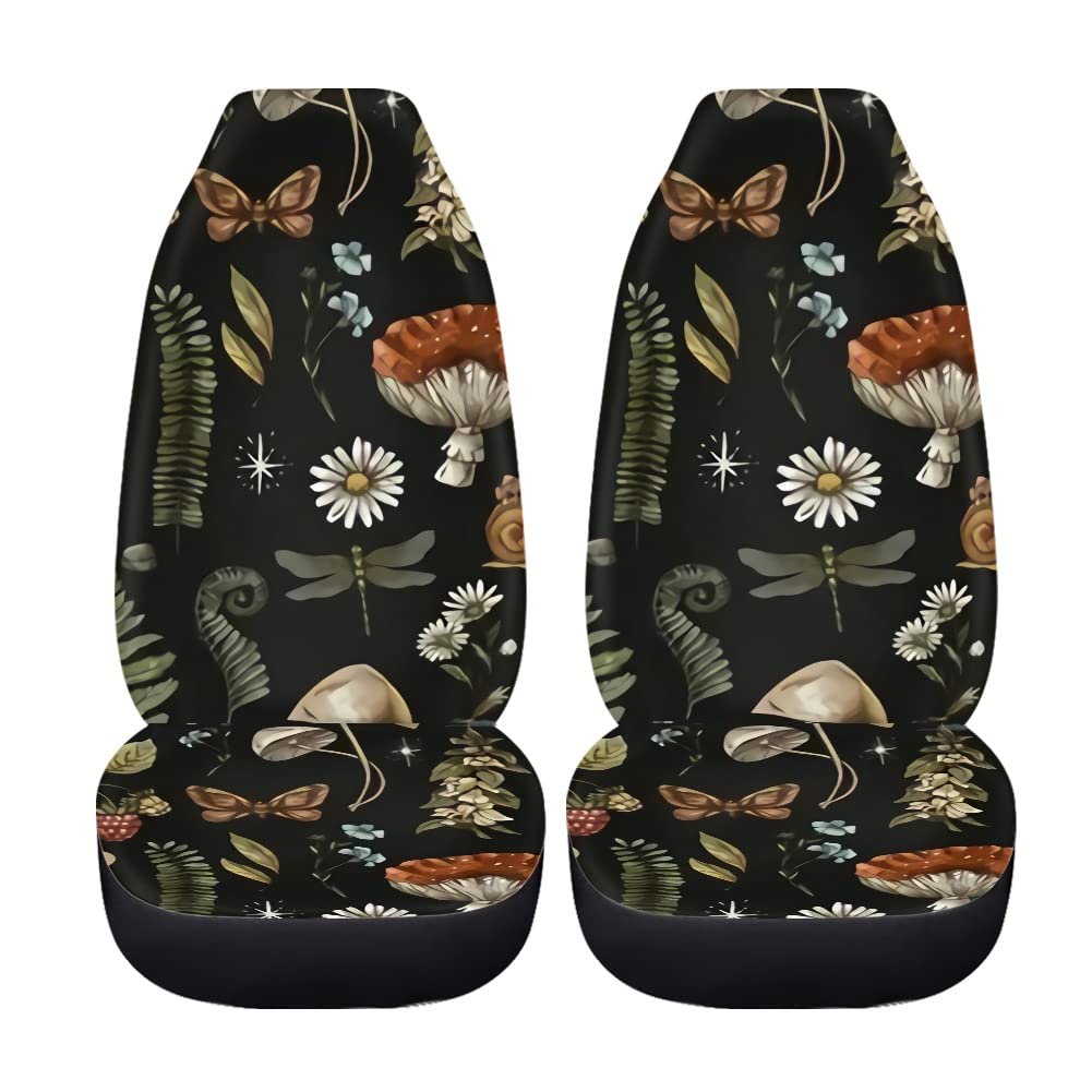 Fuibeng Mushroom Car Seat Covers,2 Pcs,Daisy Dragonfly Butterflies Mushroom Auto Seat Cover Pad For Front,Universal Elastic Vehi